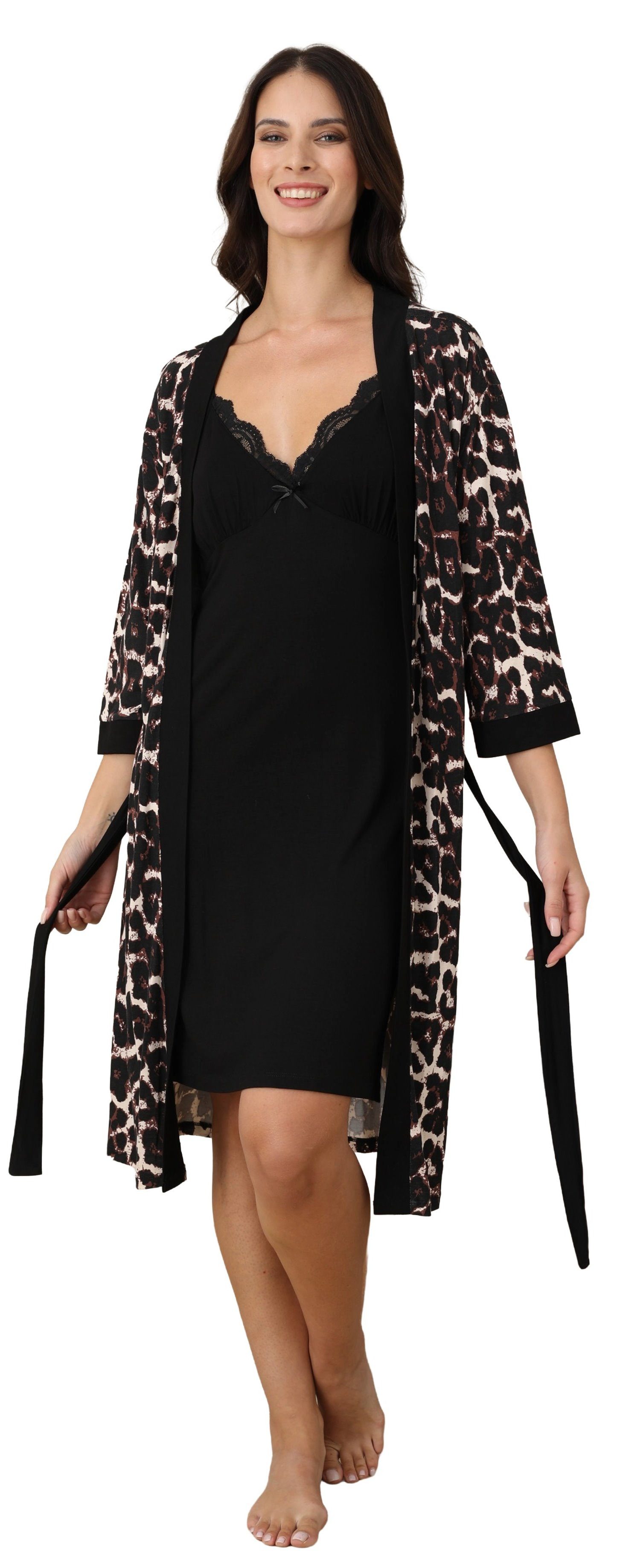 Vienetta Kimono Damen Kimono Set mit Nachthemd, Midi, Viskosemischung, Modisches Design