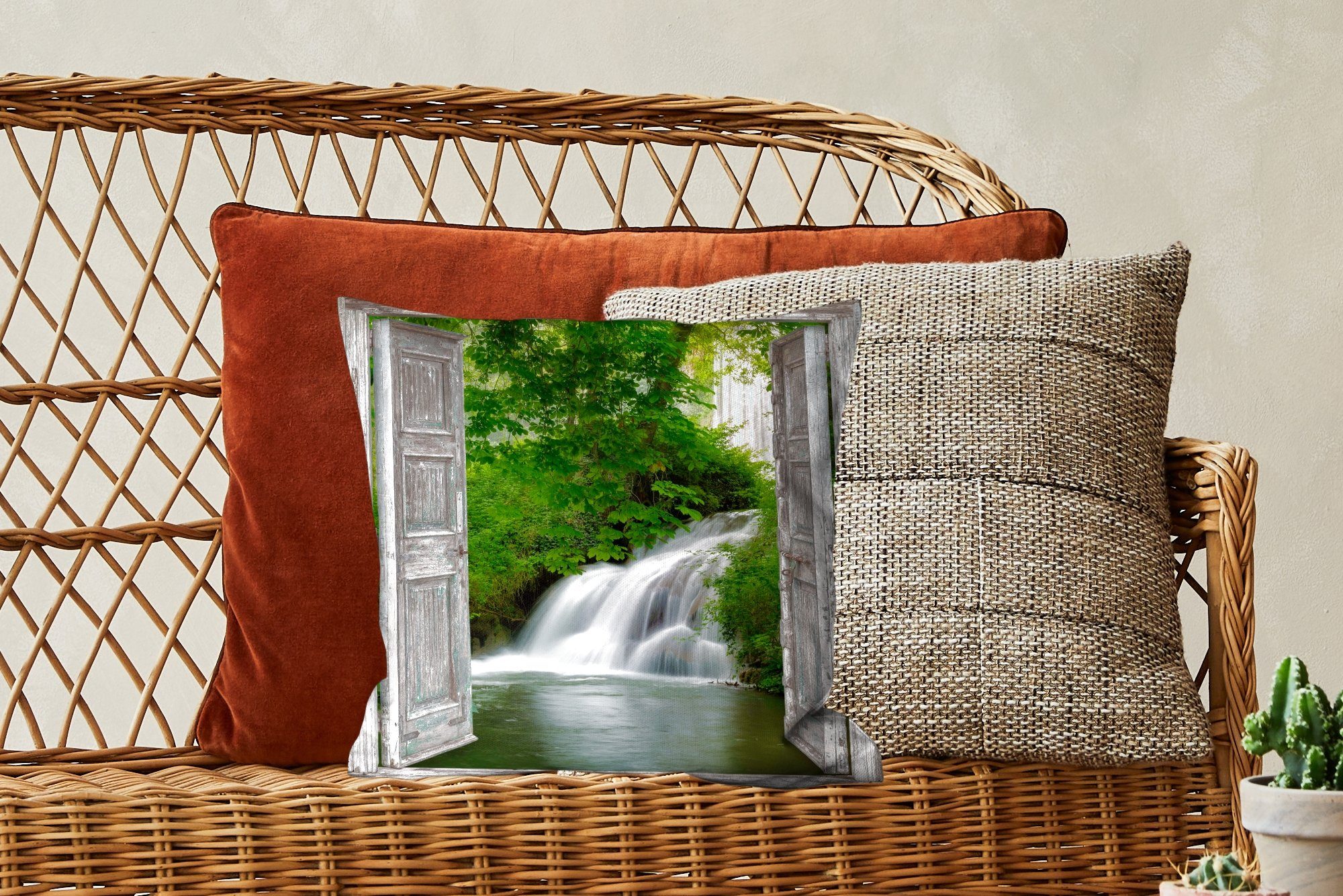 Schlafzimmer, mit MuchoWow Zierkissen Aussicht Landschaft, Deko, Füllung - Dekokissen Wasserfall für - Sofakissen Wohzimmer,