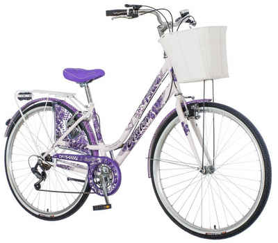 breluxx Cityrad »28 Zoll Damenfahrrad Venera Fashion Lavendel Citybike mit Korb + Licht«, 6 Gang Shimano Tourney Schaltwerk, Kettenschaltung