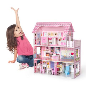 WISHDOR Puppenhaus Puppenhaus Spielset Hölzernes mit Möbeln und Zubehör Puppenhausmöbel, (echtes Traumspielzeughaus Traumhaus mit Puppenmöbel), Spielzeugsetaus aus Holz Rosafarbenes tolles Geschenk für Mädchen