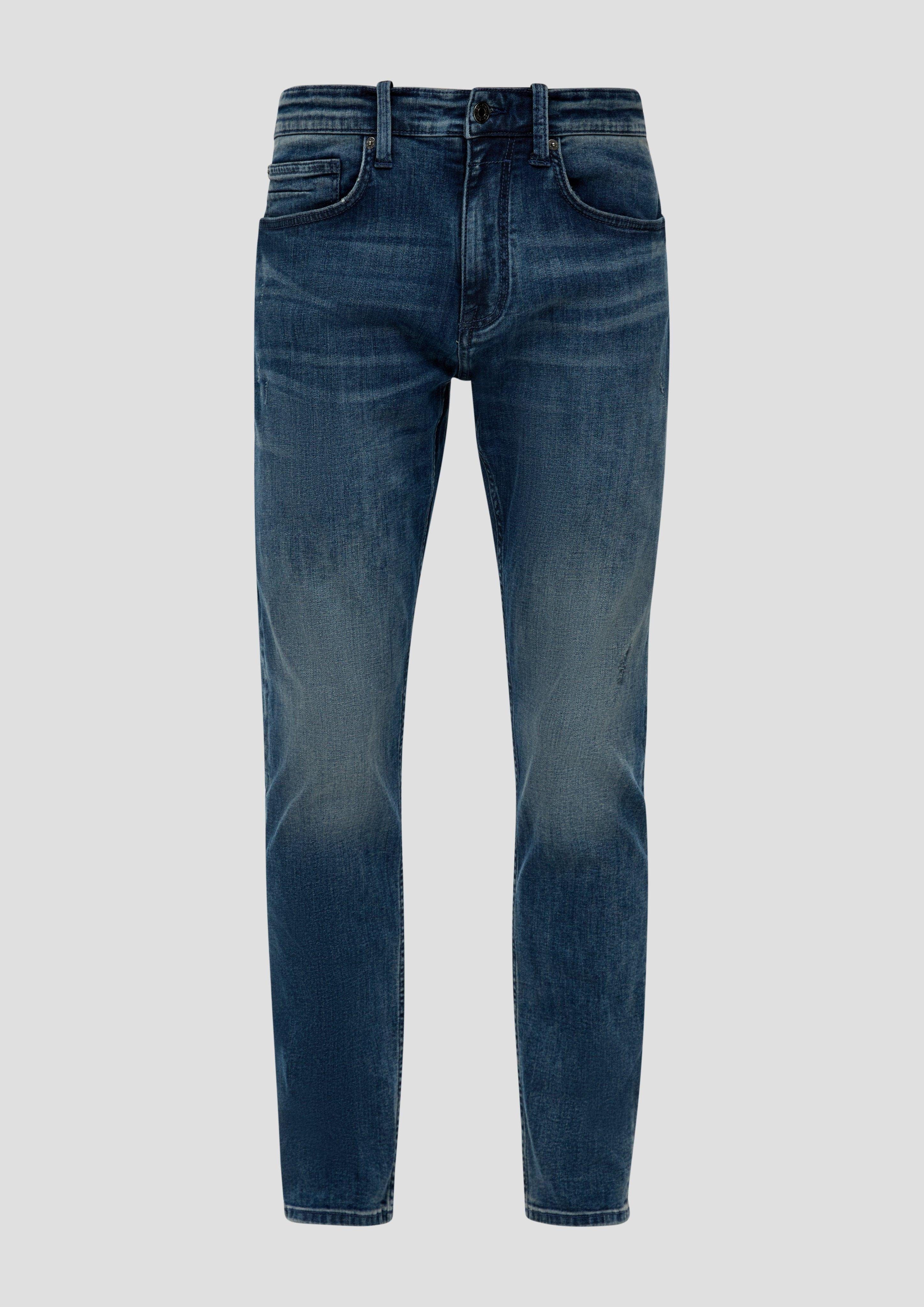 s.Oliver Stoffhose Jeans Leg Leder-Patch, / Tapered Rise Mid 5-Pocket-Stil / Regular / Fit / Waschung dunkelblau