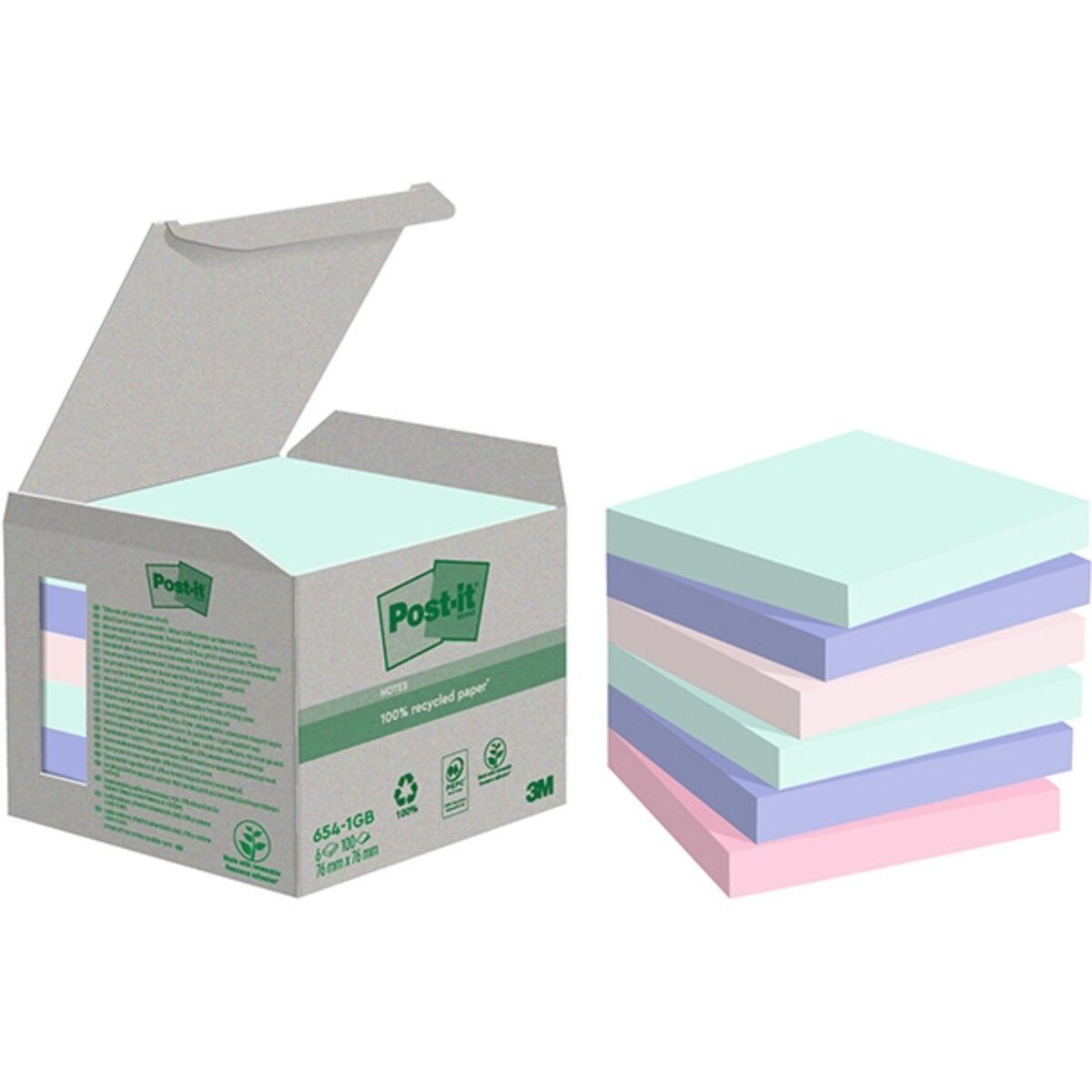 Post-it Notes Haftnotizblock Haftnotiz Recycling Notes 76x76mm 100 Blatt mint, hellblau, rosa, flam
