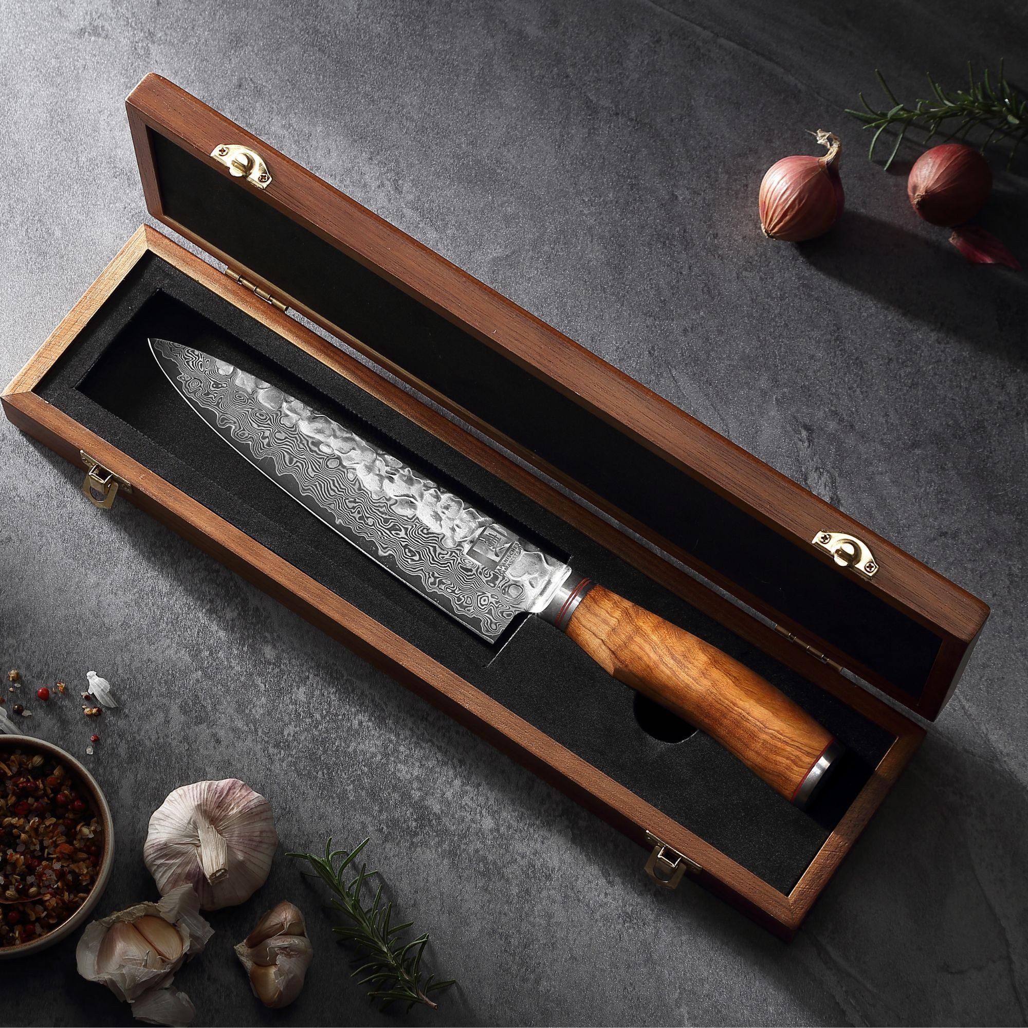 ZAYIKO Universalküchenmesser Minami Damast Guyto Chef Kochmesser 20 cm Klinge Olivenholzgriff, Damaststahl, VG10-Kern, Hammerschlag