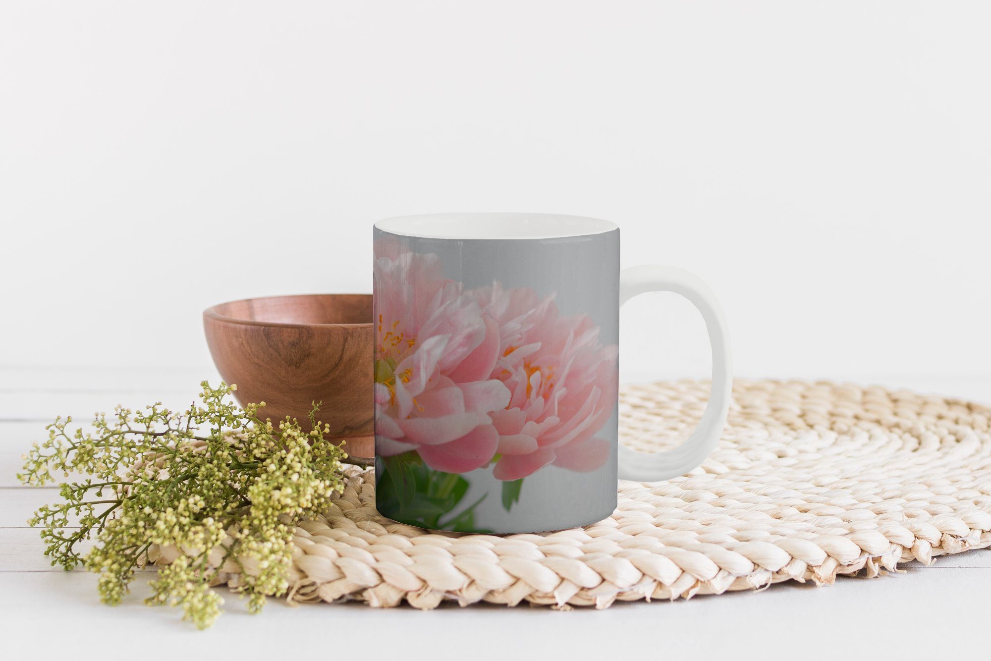Blumenstrauß Tasse rosa Teetasse, MuchoWow aus Pfingstrosen, Keramik, Kaffeetassen, Geschenk Becher, Teetasse,