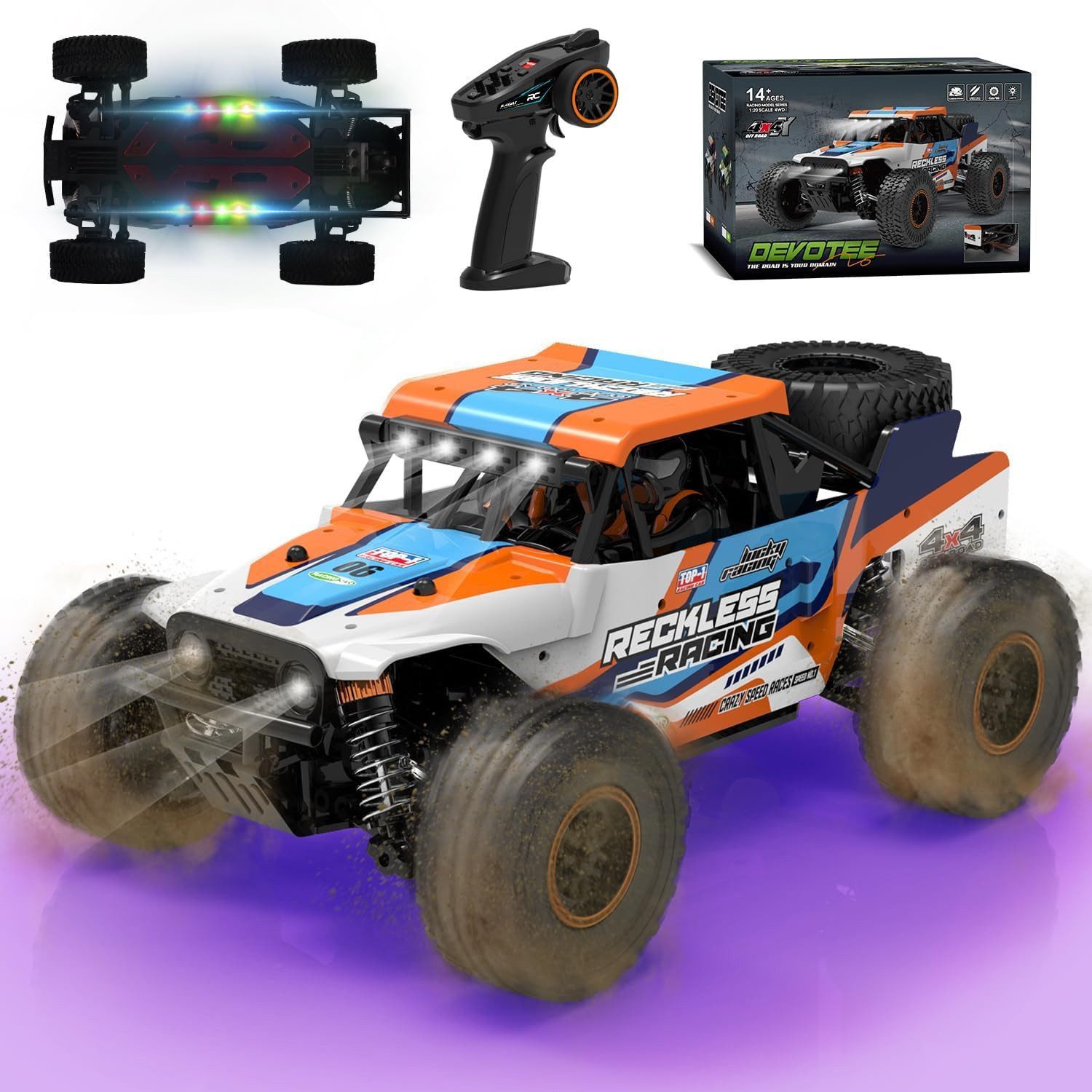 Esun RC-Auto Ferngesteuertes Auto mit 7 Farben Lichtern, 32KM/H RC Auto 1/18 (SET, 2.4GHz Ferngesteuerter Monstertruck), RC Monstertruck Gebürsteter mit Ersatzreifen