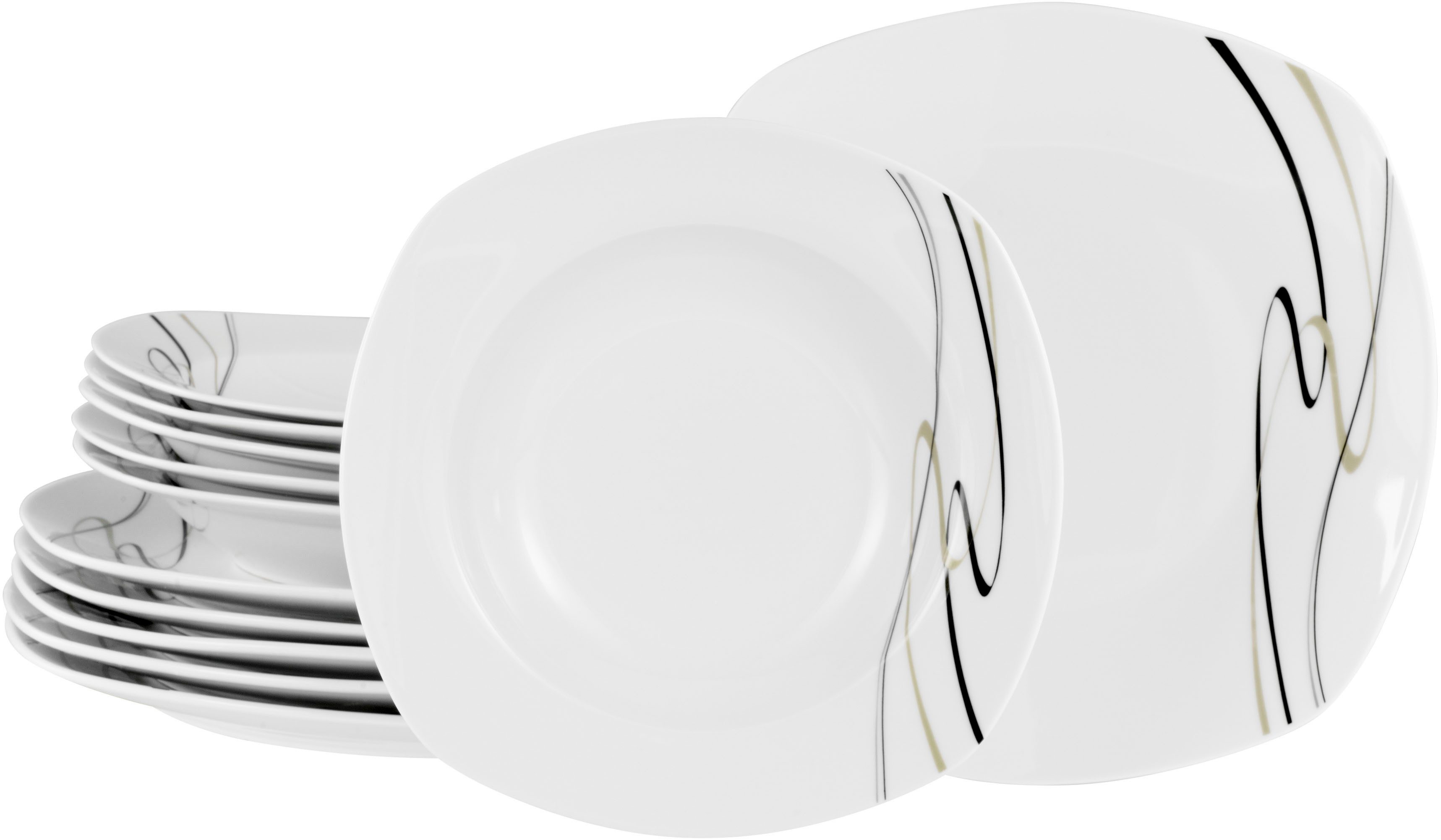 CreaTable Tafelservice Amelie Piazza, Tafel-Service 12-tlg (12-tlg), 6 Personen, Porzellan, Teller Set, Elegant, Schwungvoller Liniendekor