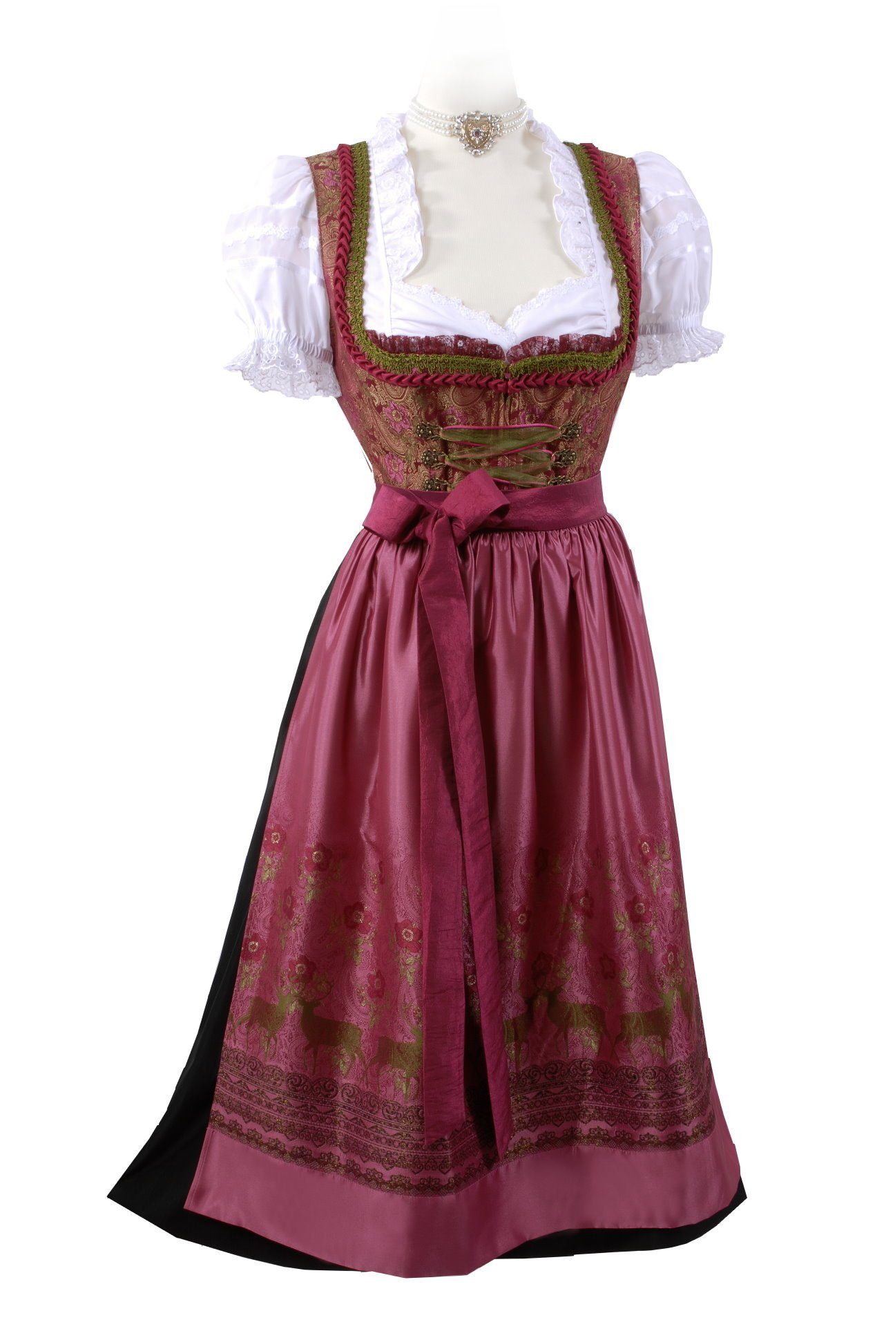 Moschen-Bayern Dirndl Midi Dirndl kurz Damen Trachtenkleid Oktoberfest Wiesn-Dirndl 70 cm Glitzerschürze elegant festlich Hochzeit Pink-Bordeauxe kurz, Trachtenkleid, Midi, Hirsche, festlich, Glitzereffekt, Dirndl