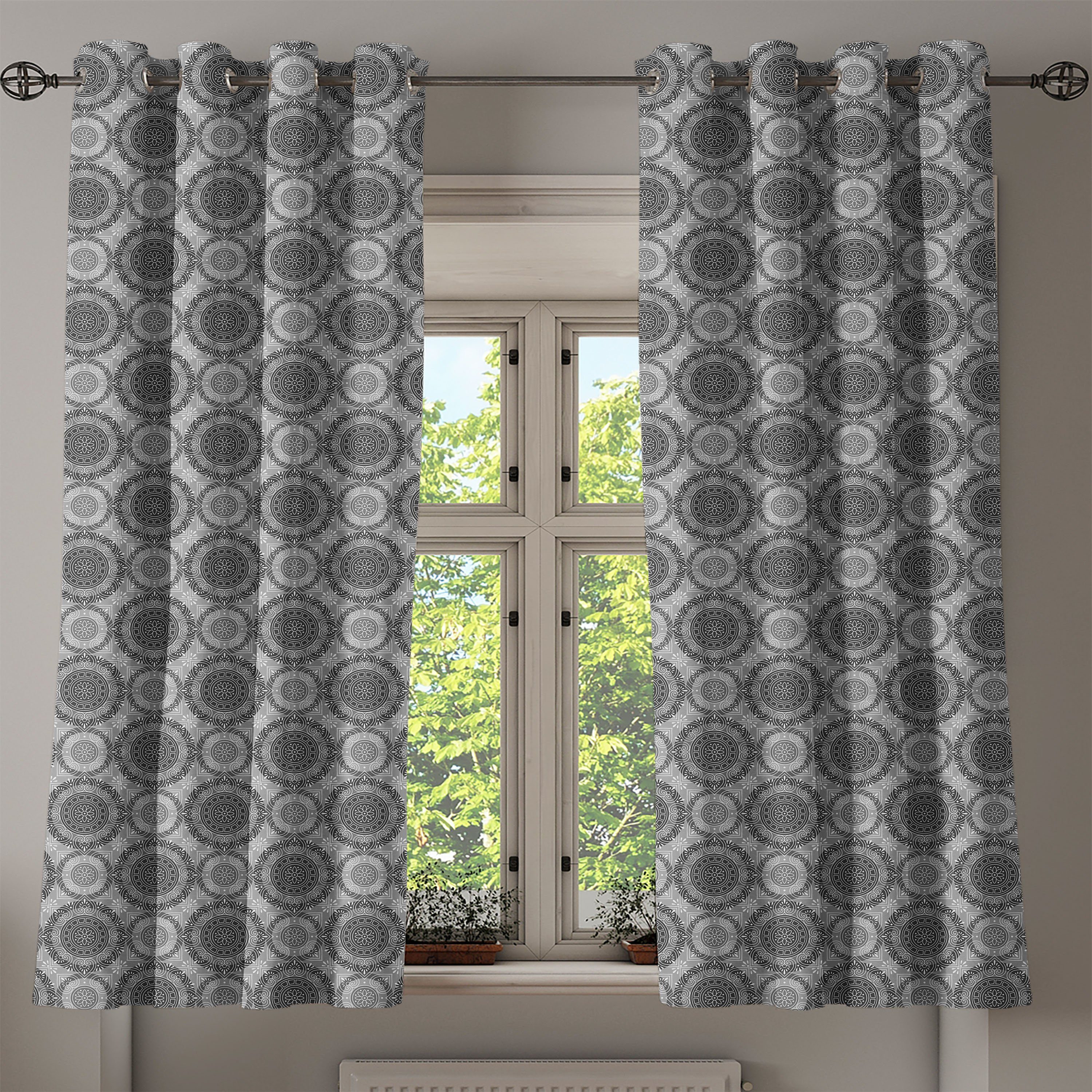 Zusammenfassung 2-Panel-Fenstervorhänge Dekorative Gardine für Wohnzimmer, Abstrakt Abakuhaus, Damast-Blumen Schlafzimmer