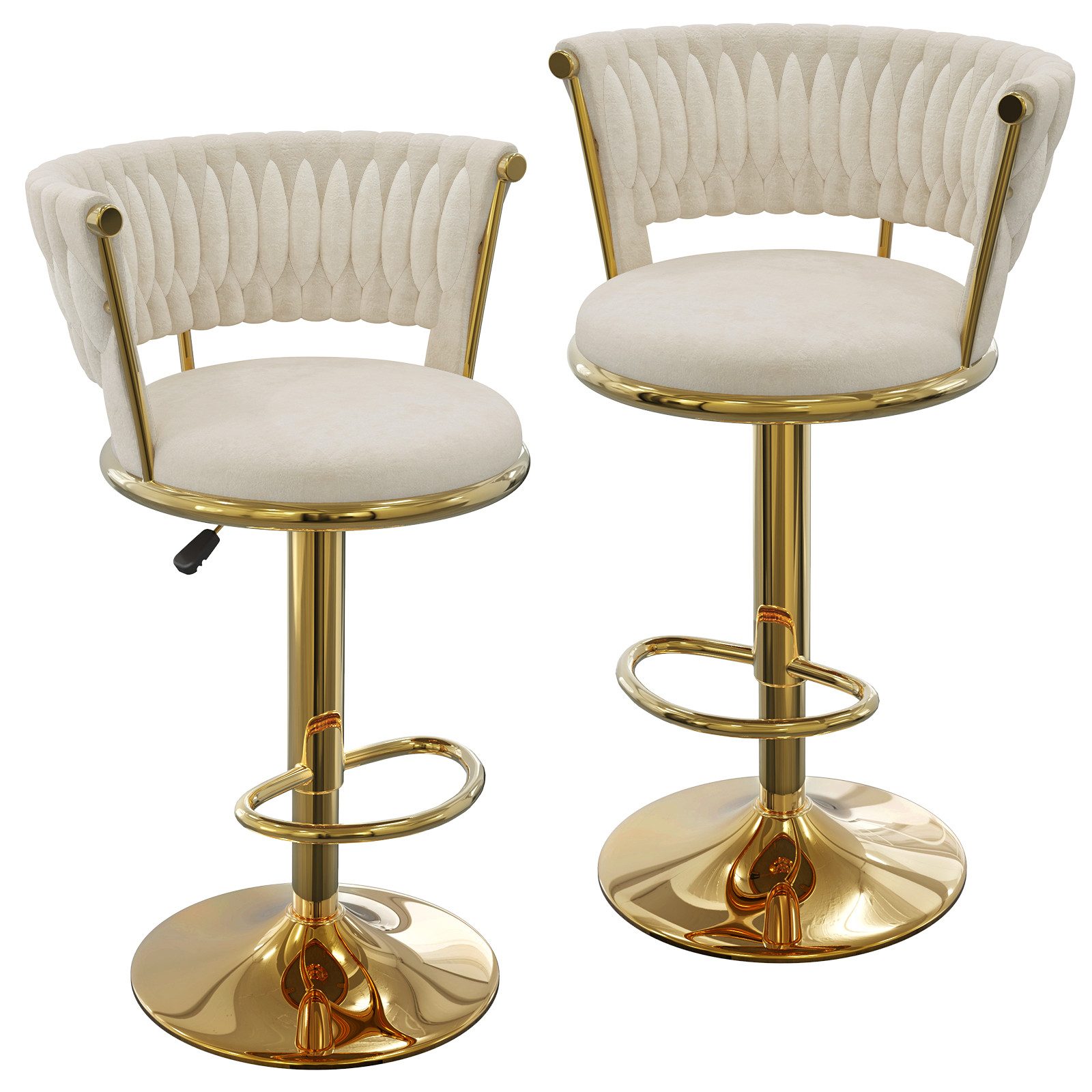 JEOBEST Високі табурети Samtsitz Barstuhl, Küchenhocker mit geflochtener Rückenlehne Fußstütze, (2er Set) Barstühle höhenverstellbar 360° drehbar, Metallrahmen