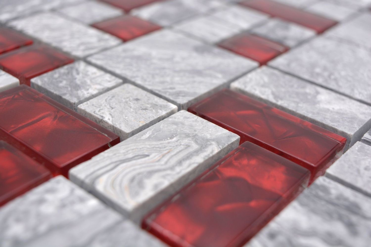 Set, 10-teilig, Naturstein mit Glasmosaik rot Küchenwand, Fliesenspiegel grau glänzend, Mosani 0,9m² Mosaikfliesen