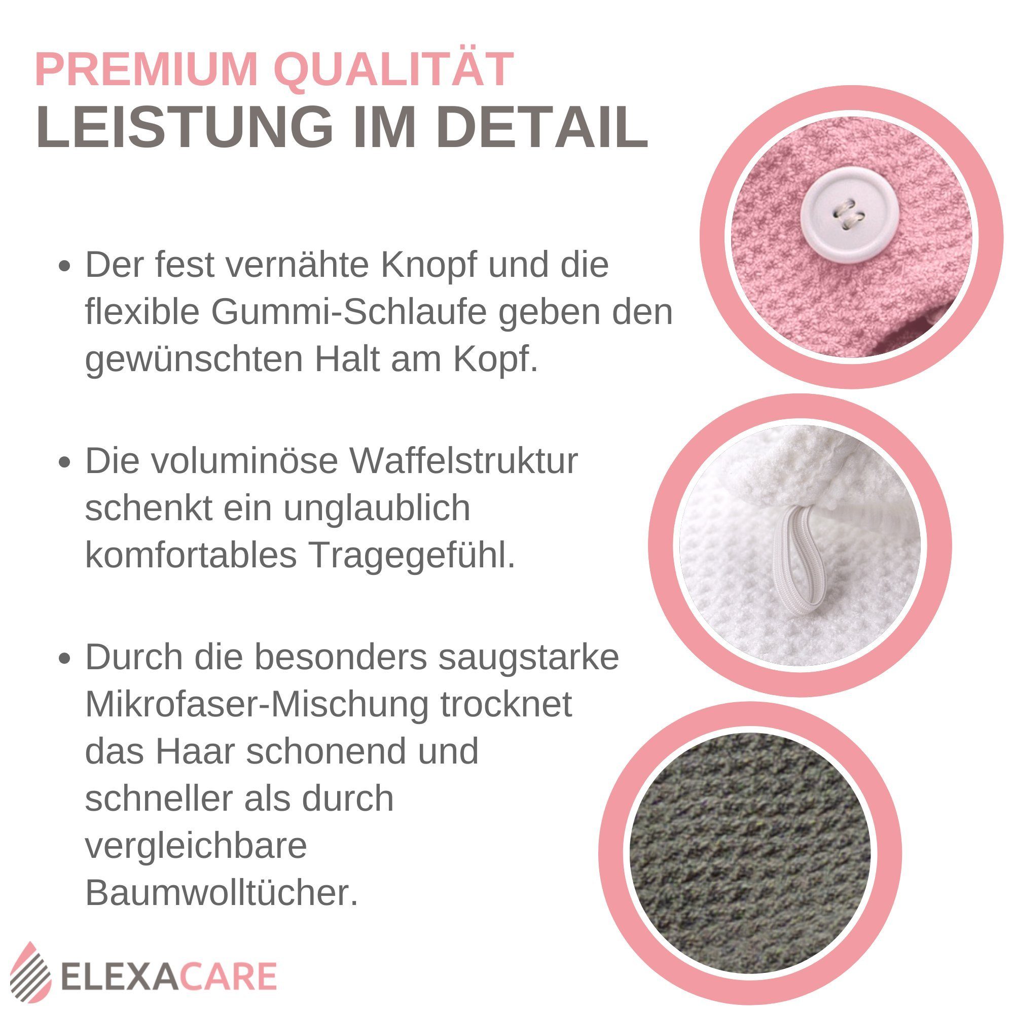 ELEXACARE Turban-Handtuch Haarturban mit Knopf, Mikrofaser (2-St), Turbanhandtuch mit Knopf und Schlaufe – Bild 4 von 5
