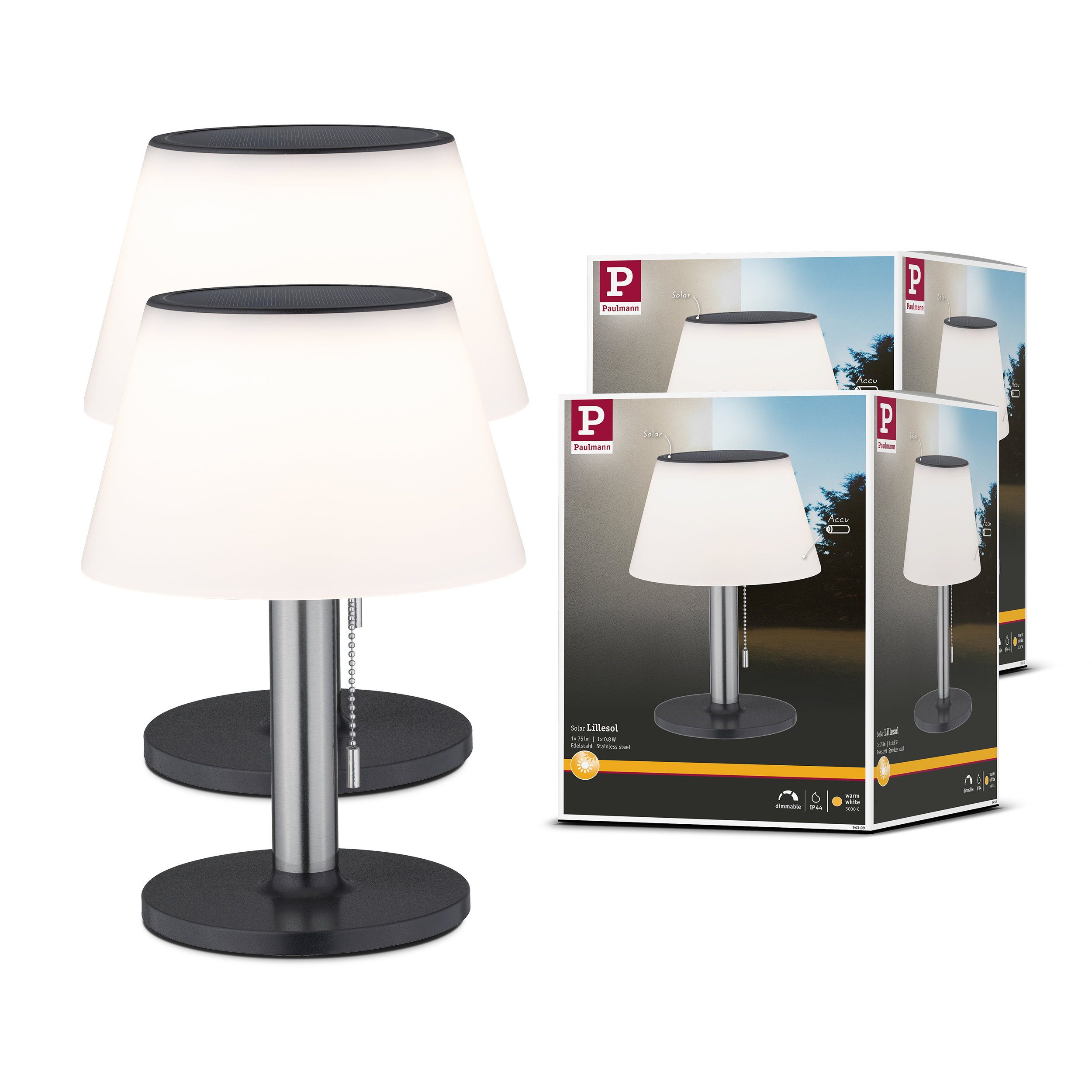 Paulmann LED Wandleuchte Set Solar LED Tischleuchte Lillesol 2er-Set IP44 3000K 2x45lm Edelstah