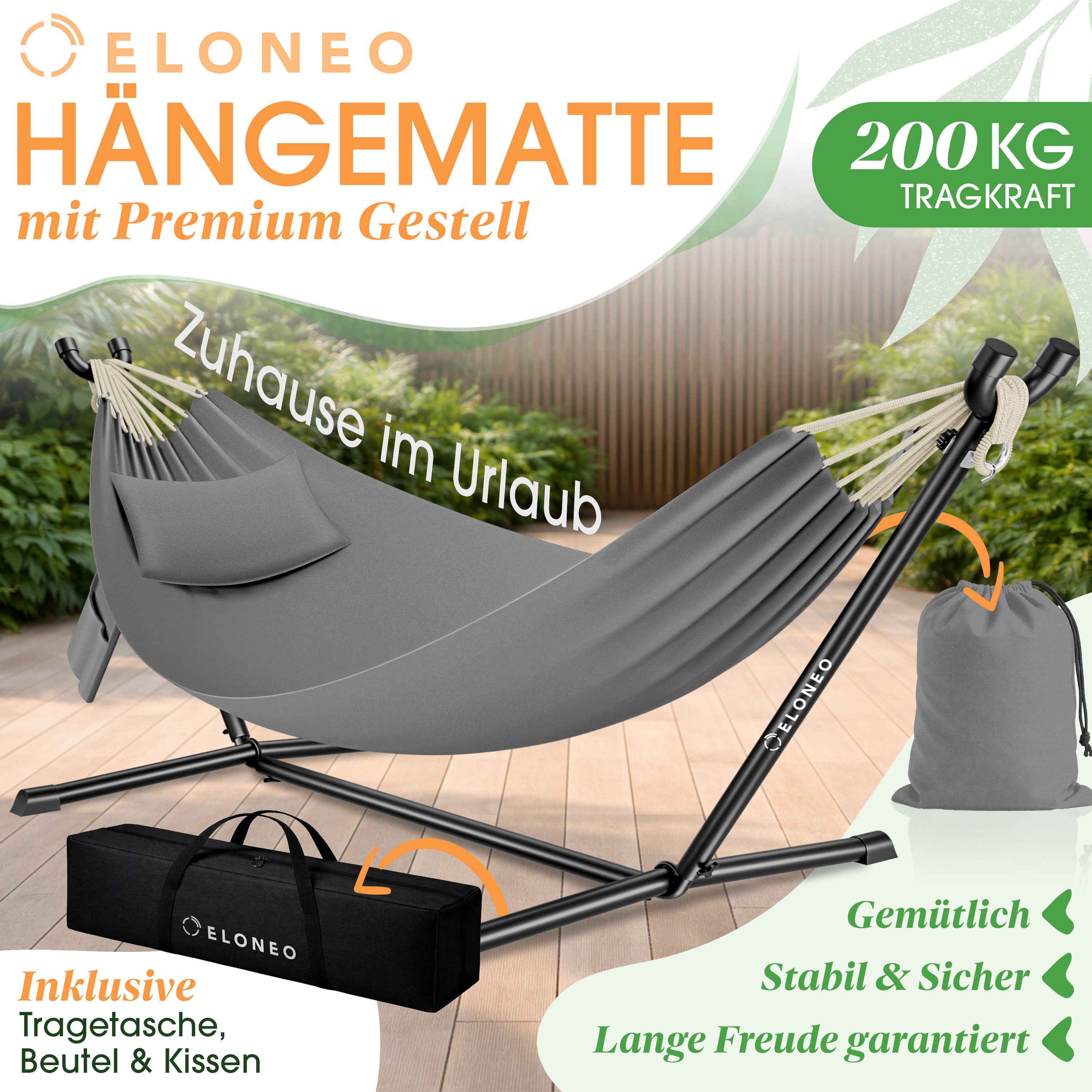 ELONEO Hängematte mit Gestell – Komfort & Flexibilität für Garten, Terrasse und Camping, belastbar bis 200kg, inkl. Kopfkissen und Tragetasche