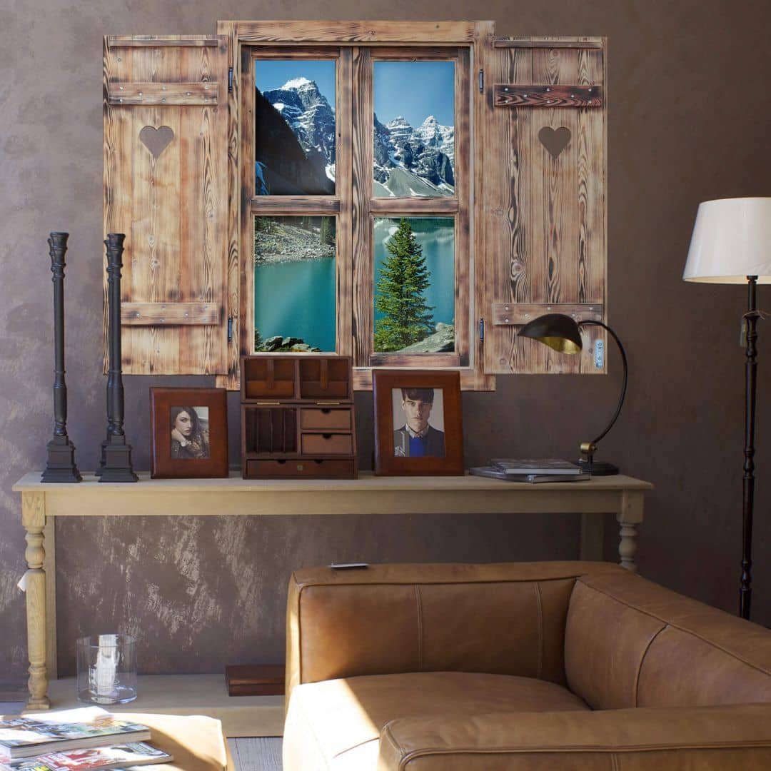 Wall Aufkleber selbstklebend K&L Bergsee Berg, Idylle Holz Vintage im Wandtattoo Optik Holzfenster Wandbild Wandtattoo See 3D Herz Art