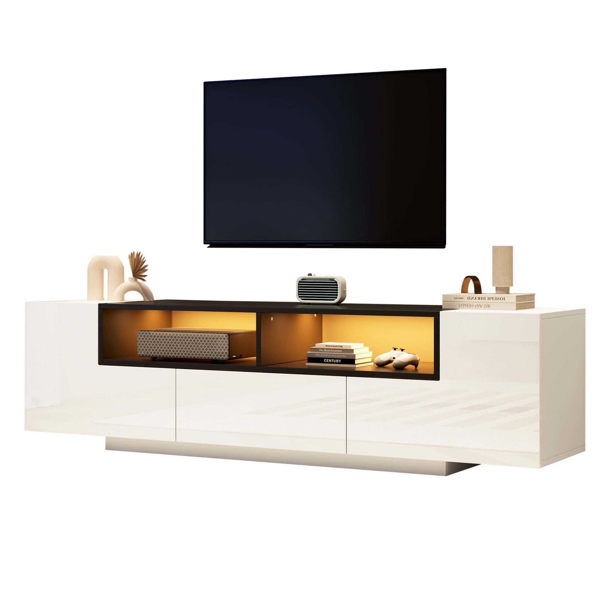 Merax Lowboard hochglanz Fernsehschrank mit LED-Beleuchtung & App-Steuerung (1 St), TV-Schrank mit 2 L-Schränken, Schublade & Stauraum, 180x40x48cm