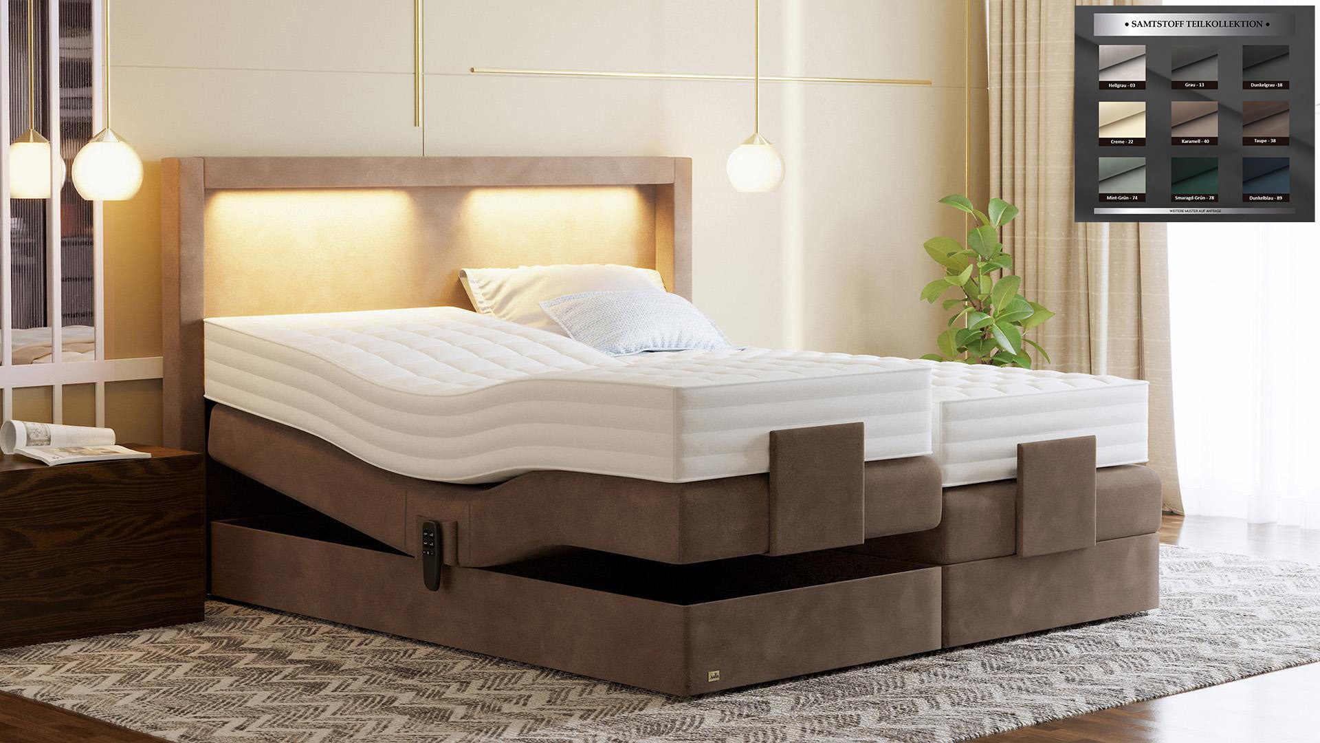 PAARA Boxspringbett elektrisch verstellbar mit LED mit Matratze - Modell Barcelona, mit einzigartigem Belüftungssystem