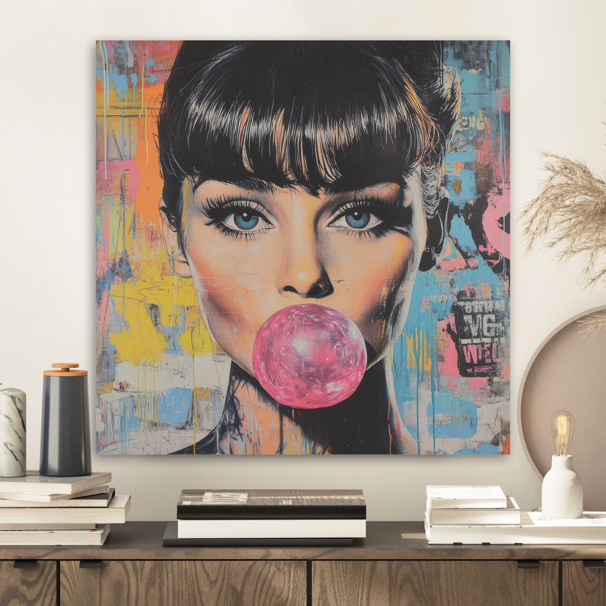 MuchoWow Gemälde Kaugummi - Frau - Pinselstriche - Modern, Fotodruck (1 St), Akustikbilder PET-Filz, Wandpaneele, Akustikpaneele 40x40 cm