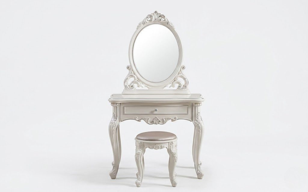 JVmoebel Schminktisch Weißer Toilettentisch im klassischen Design mit Hocker Sofort (3-St., Schminktisch + Hocker), Made in Europa