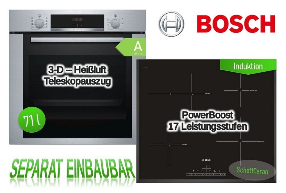 BOSCH Backofen-Set Einbaubackofen HBA3140S0 mit Bosch Induktionskochfeld -  autark, 60cm