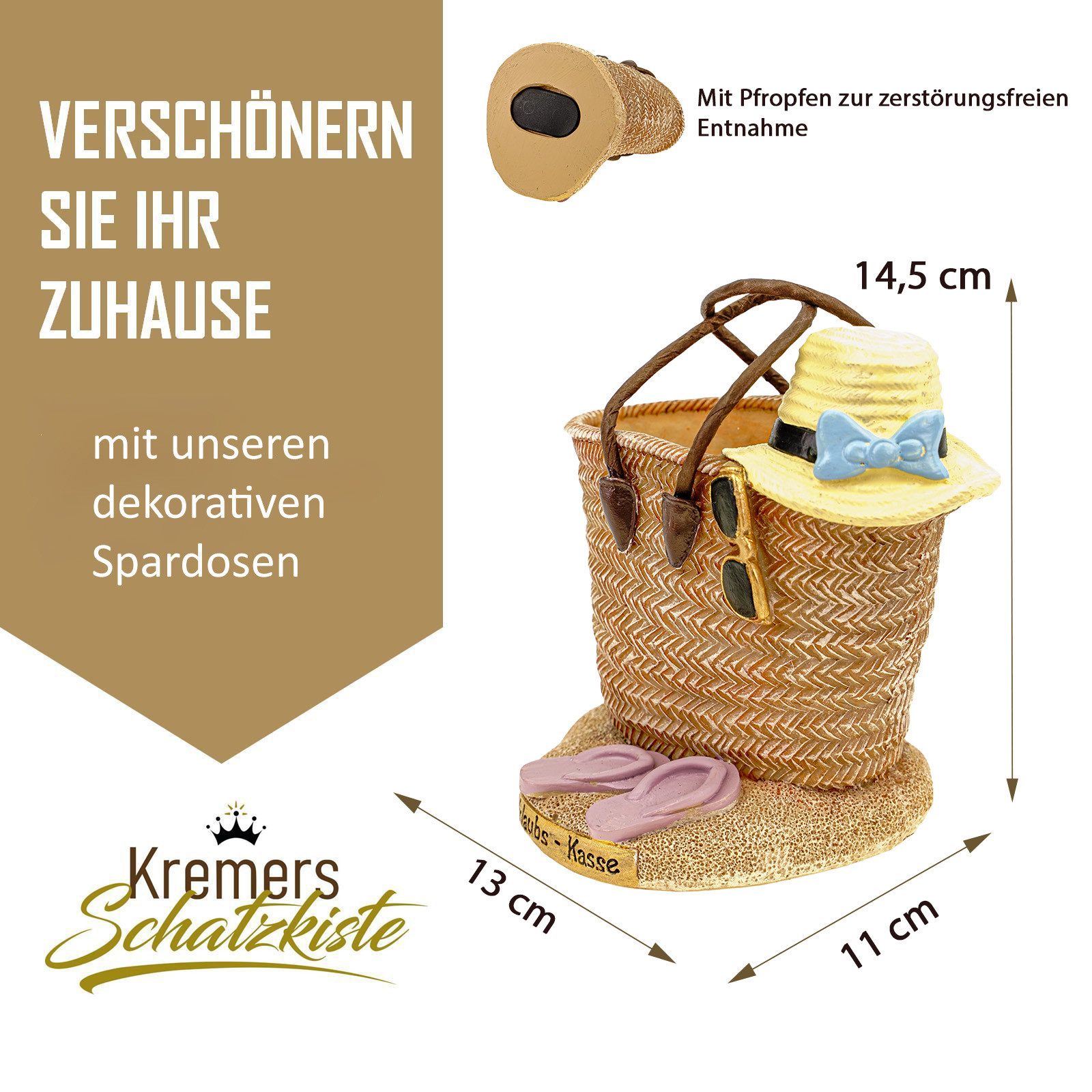 Kremers Schatzkiste Spardose Urlaubskasse Strandtasche handbemalt Sparbüchse 15 cm Urlaub
