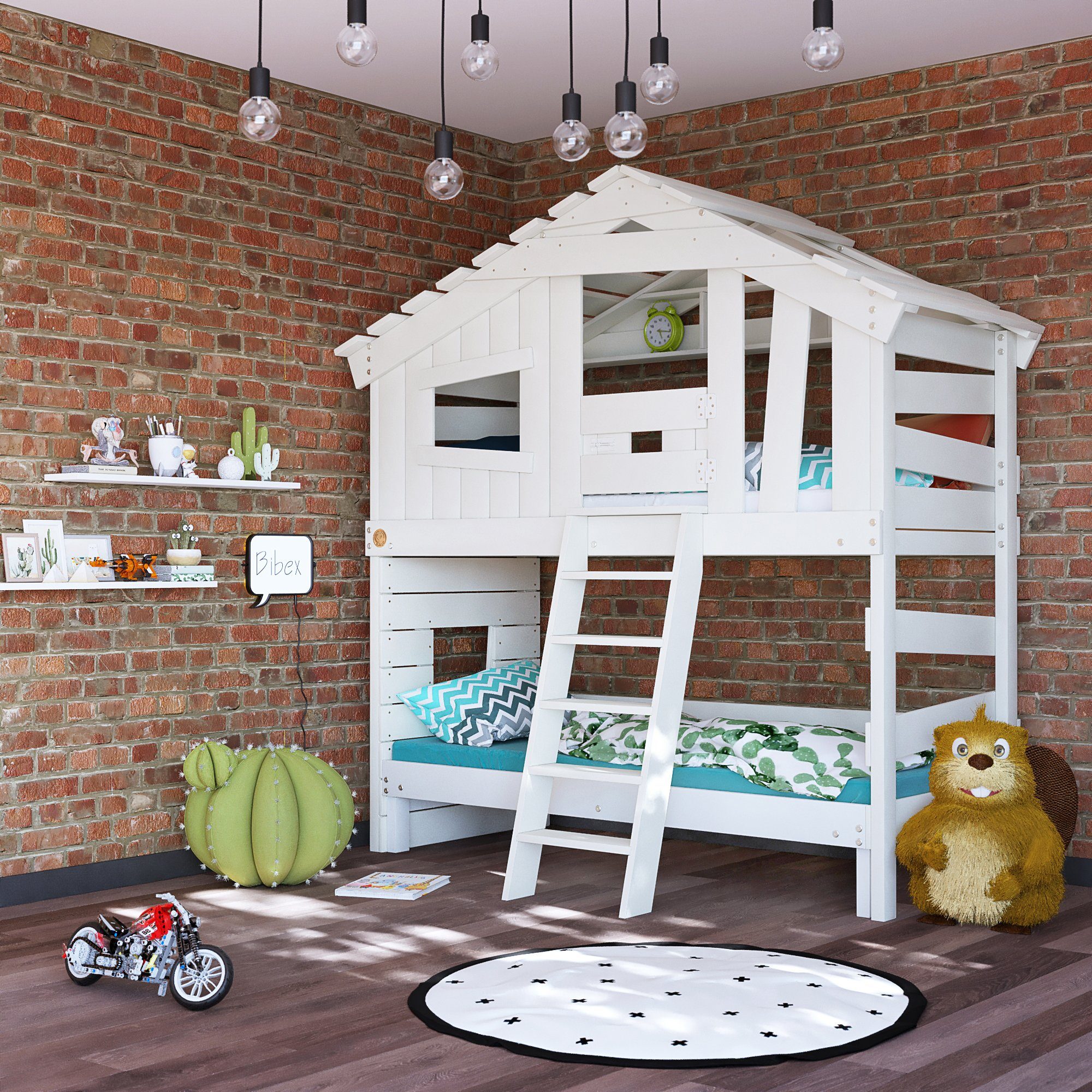 bibex Hochbett ALPIN CHALET Hochbett, Kinderbett, Etagenbett - Creme-Beige