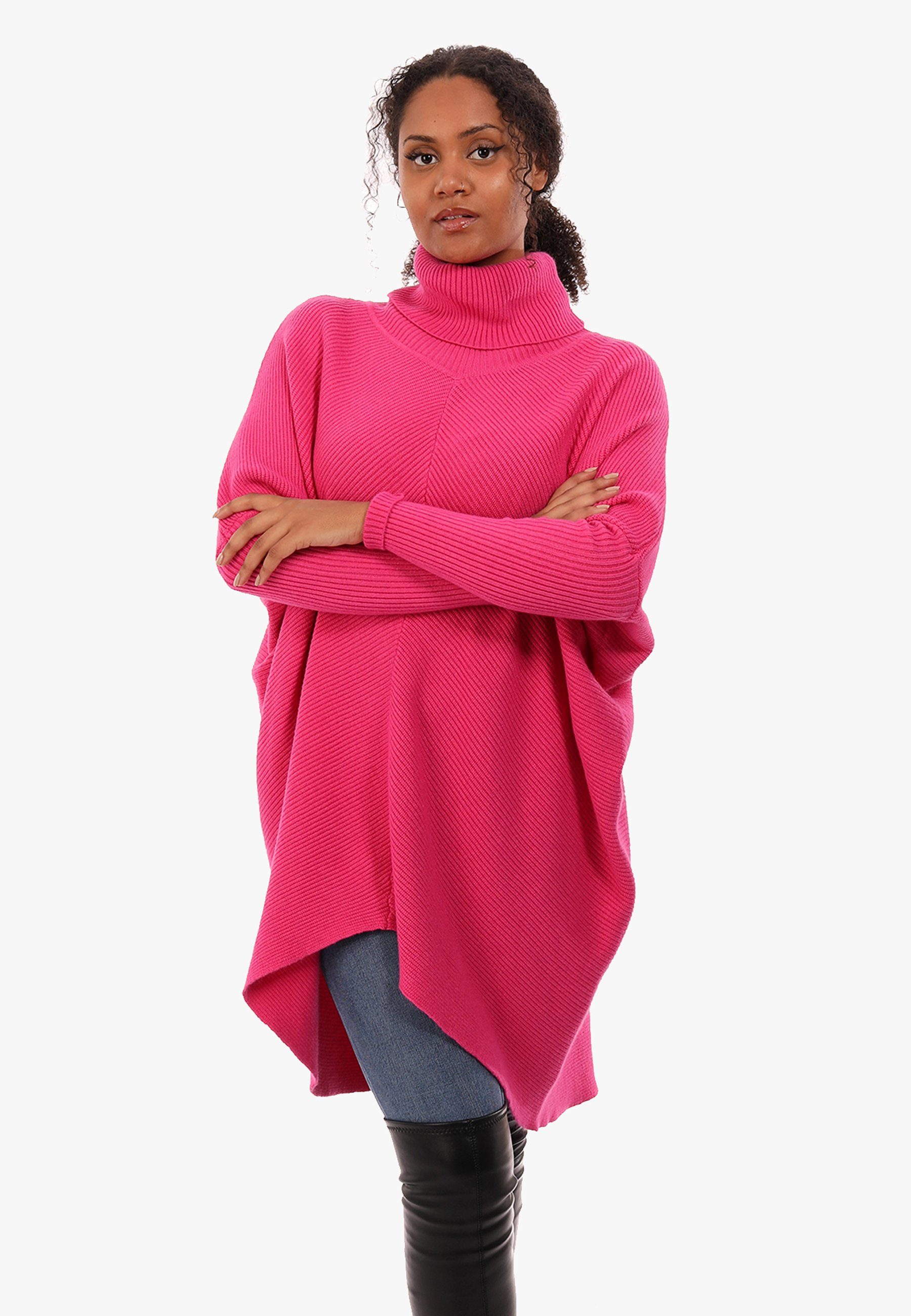 Rollkragen (1-tlg) Longpullover mit Schultern & Plus mit Strickpullover Size pink überschnittenen Style in Fashion Unifarbe, asymmetrisch YC