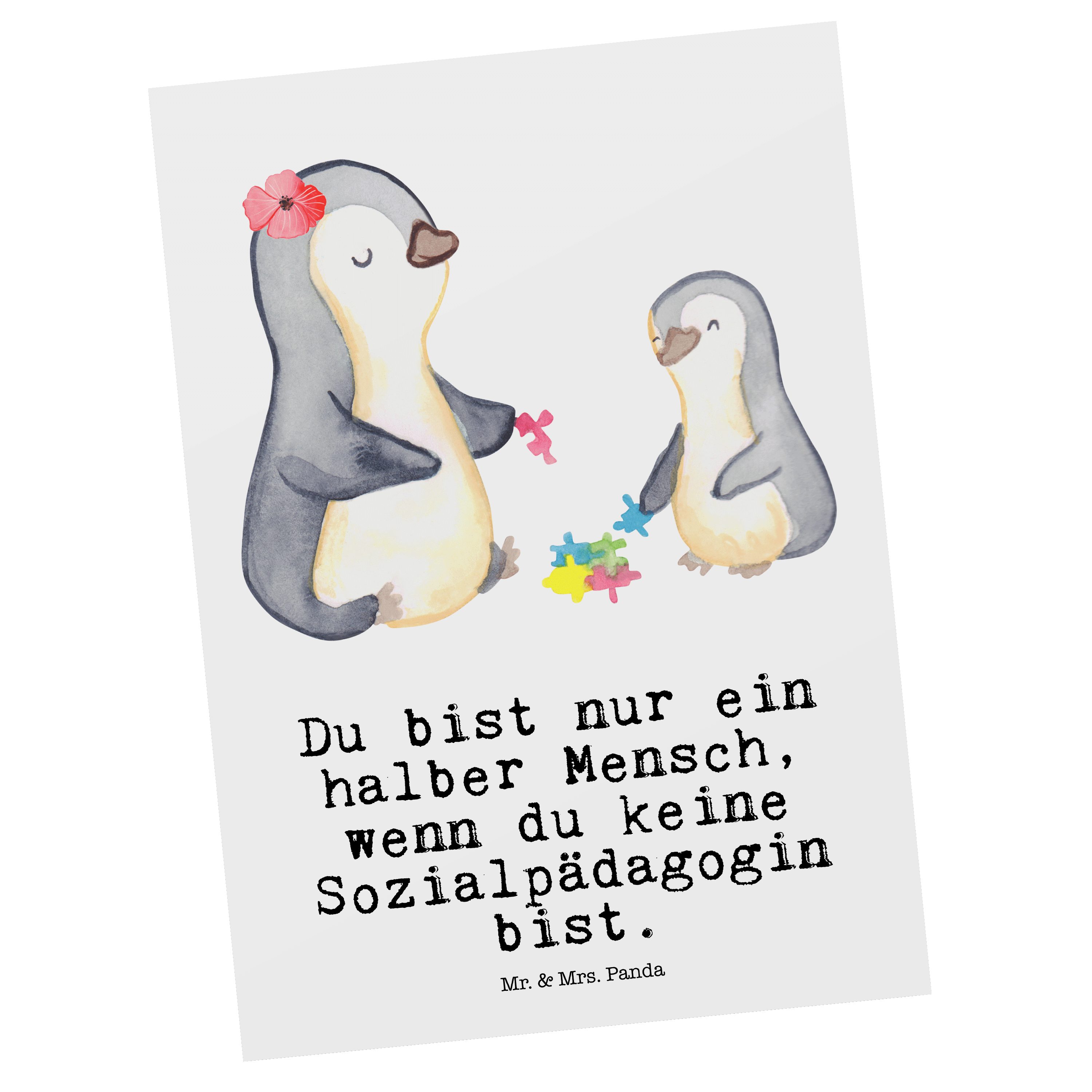 Mr. & Mrs. Panda - Arbeitsko Postkarte Kollege, Weiß mit Sozialpädagogin - Danke, Geschenk, Herz