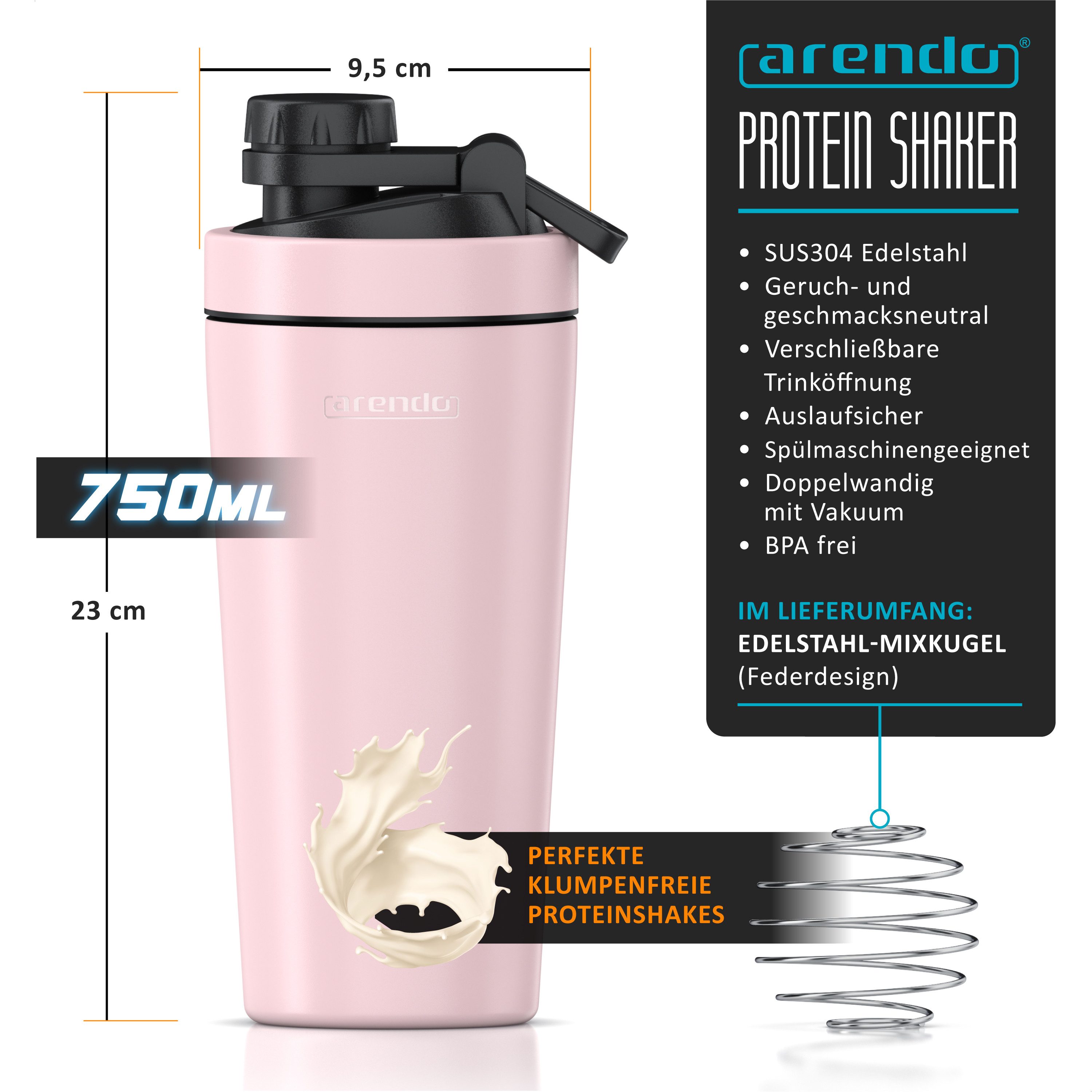Arendo Protein Shaker Edelstahl Eiweißshaker 750 ml, verschließbar, bruchfest, BPA-frei, Edelstahl, auslaufsicher, spülmaschinengeeignet, mit Tragegriff und Mixball