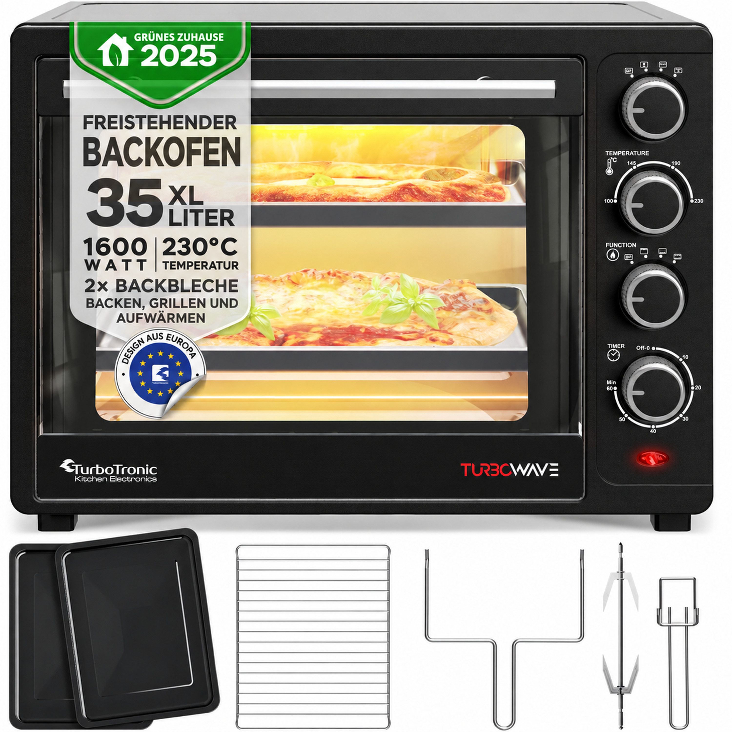 TurboTronic Minibackofen mit Umluft und Drehspieß 35 Liter, Schwarz, inkl. 2x Backbleche 1600W, schnelle Aufheizzeit, von Brötchen über Hähnchen bis Pizza