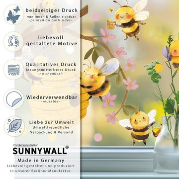 Sunnywall Fensterdekoration wiederverwendbares Fensterbild Bienen auf Honigsuche im Kirschbaum, wiederverwendbar, statisch haftend, beidseitiger Druck, nachhaltig
