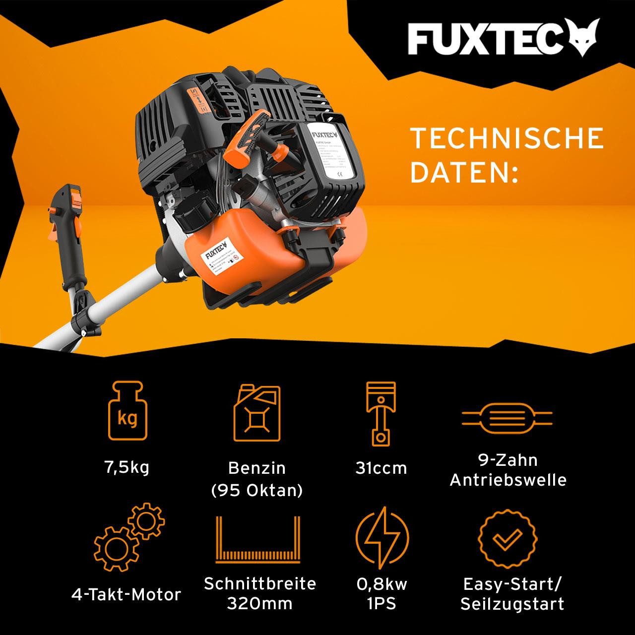 FUXTEC Benzin-Motorsense FX-4MS131, 32 cm Arbeitsbreite Messer, 31ccm, 32cm Schnittbreite, Profi-Komfort-Tragegurt, 3-Zahn-Blatt