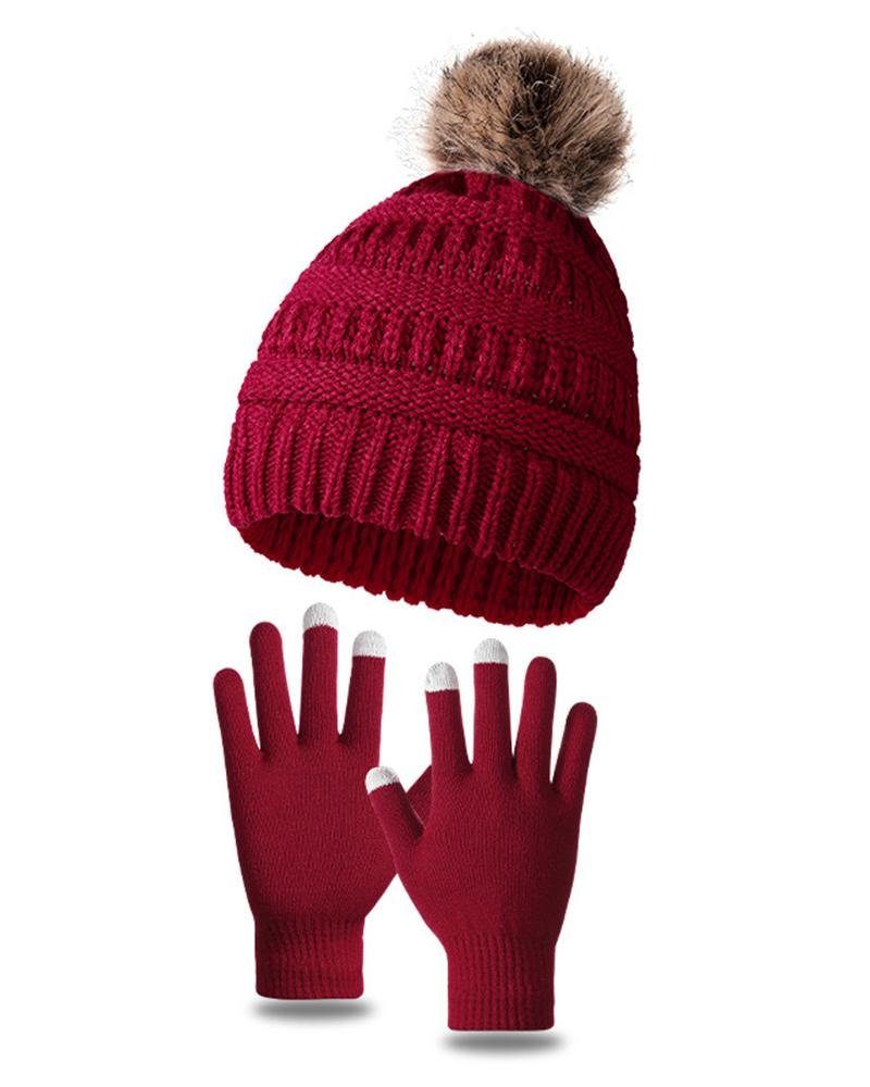 StrickmützenSet,Mütze Zweiteiliges Schal Rouemi Haarball Mütze & Set Strickmütze Rot Handschuhe