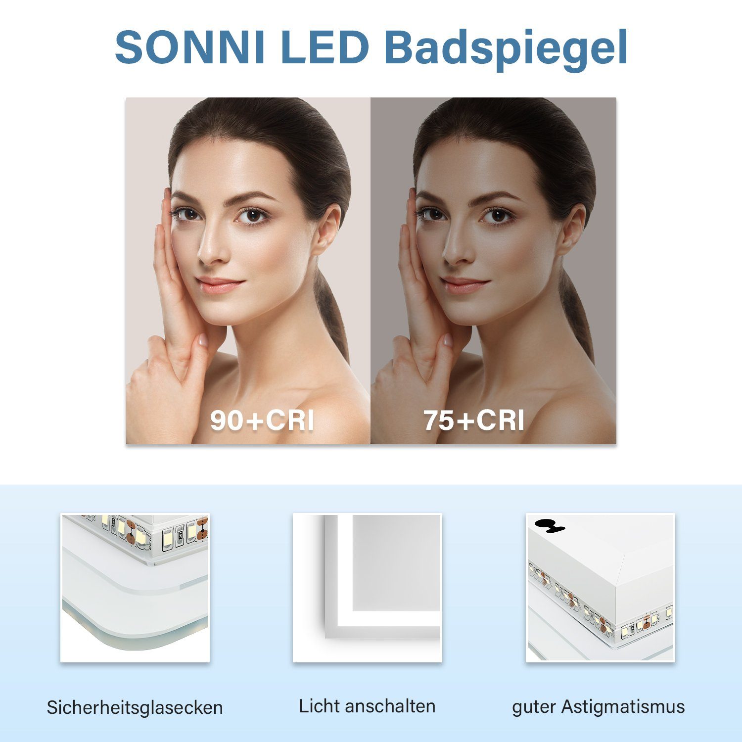 SONNI Badspiegel mit Beleuchtung energiesparender Lichtspiegel IP44,Wandspiegel Badezimmerspiegel,Wandschalter,kaltweiß,IP44, LED Kaltweiß