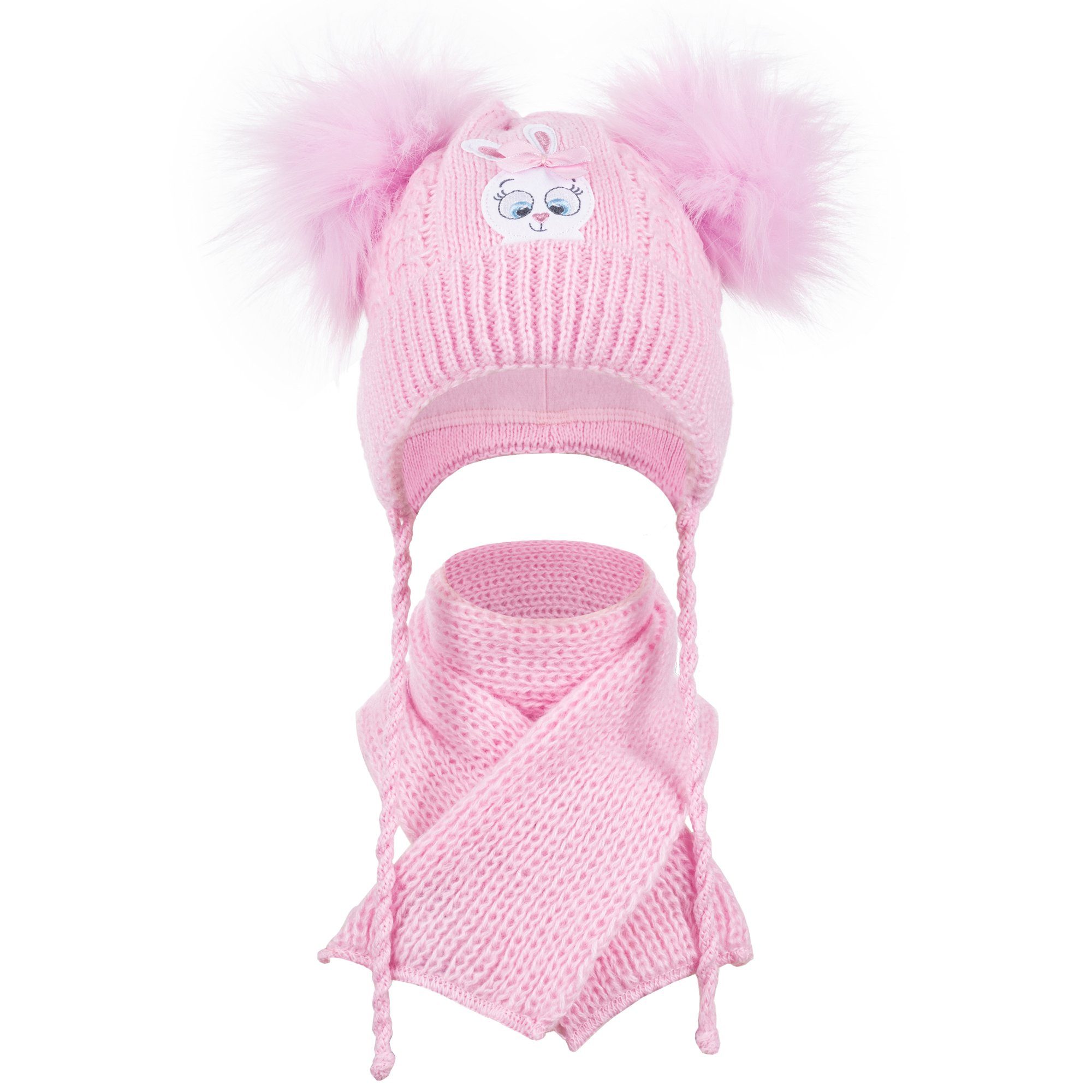 Smarilla Mütze & Schal Wintermütze Strickmütze Babymütze Winterset Schal zwei Bommel, Bindebänder