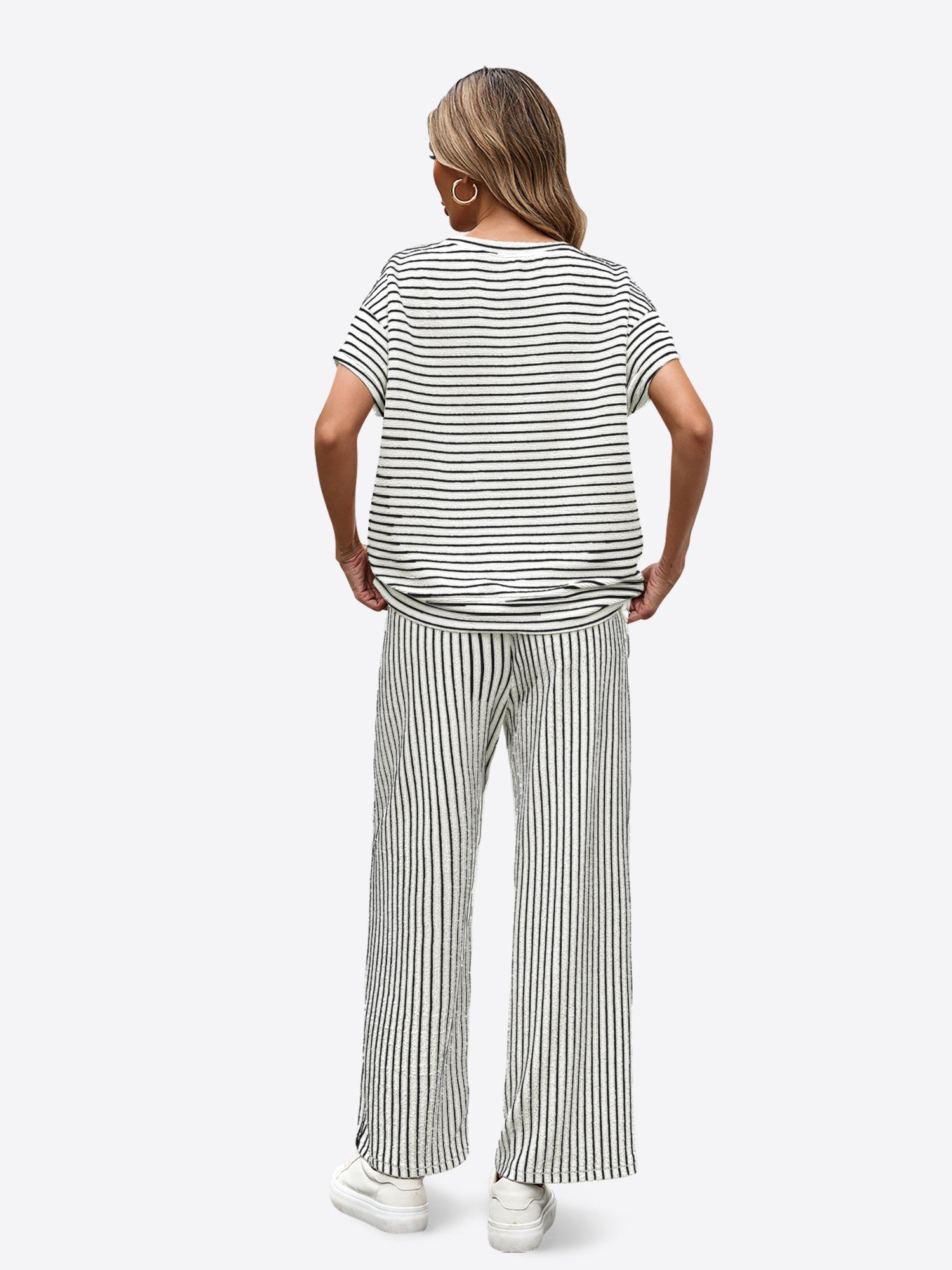 Imily Bela Hausanzug Damen 2-teiliges Set Gestreift Lounge Casual (Set, 2 tlg., 2er-Pack, Kurzarm T-Shirt+Hose mit Eingrifftaschen) Rundhals Fledermausärmel