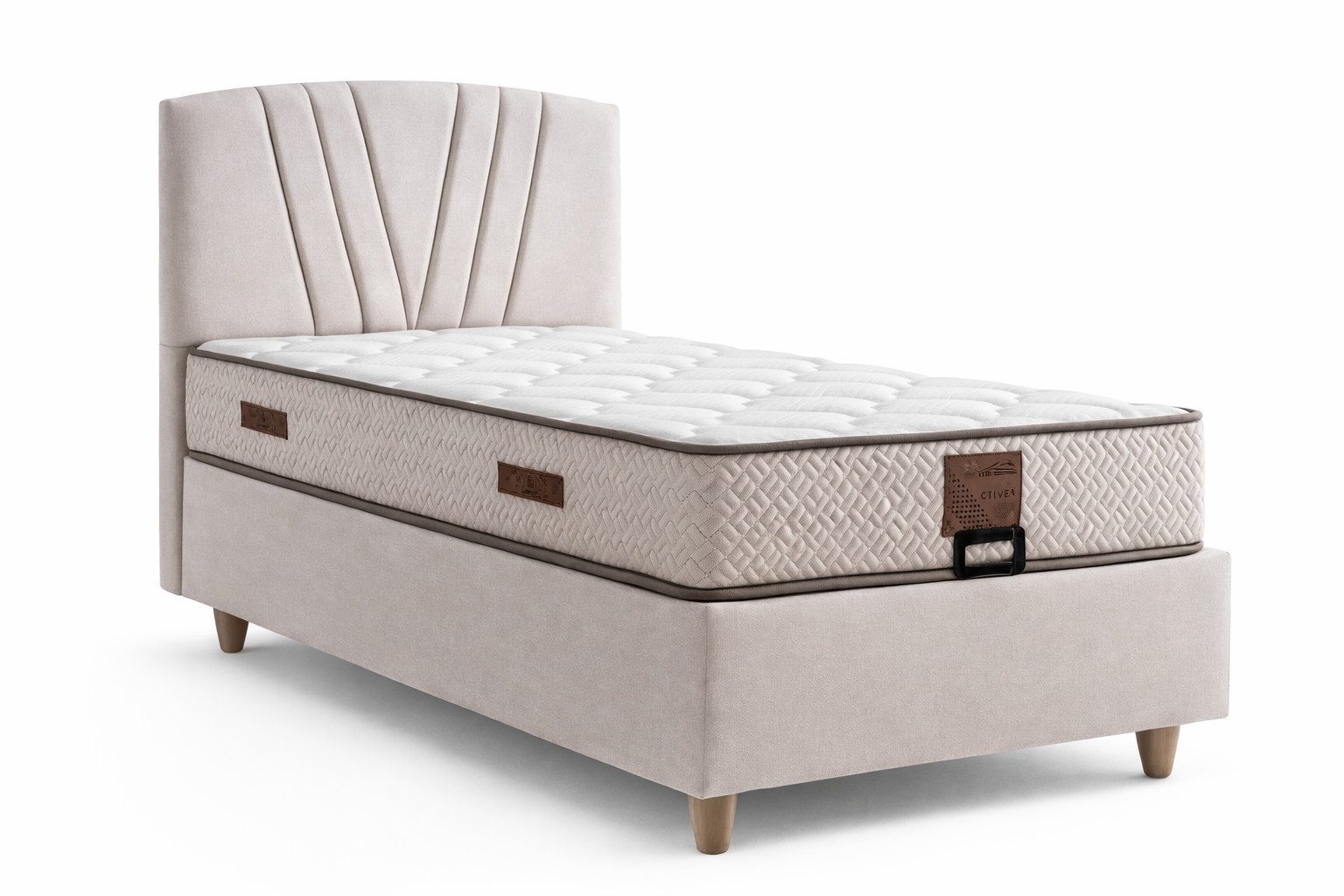 JVmoebel Boxspringbett Einzelbett Moderner Stil Weiches Bett Beigefarben Bett mit Stauraum