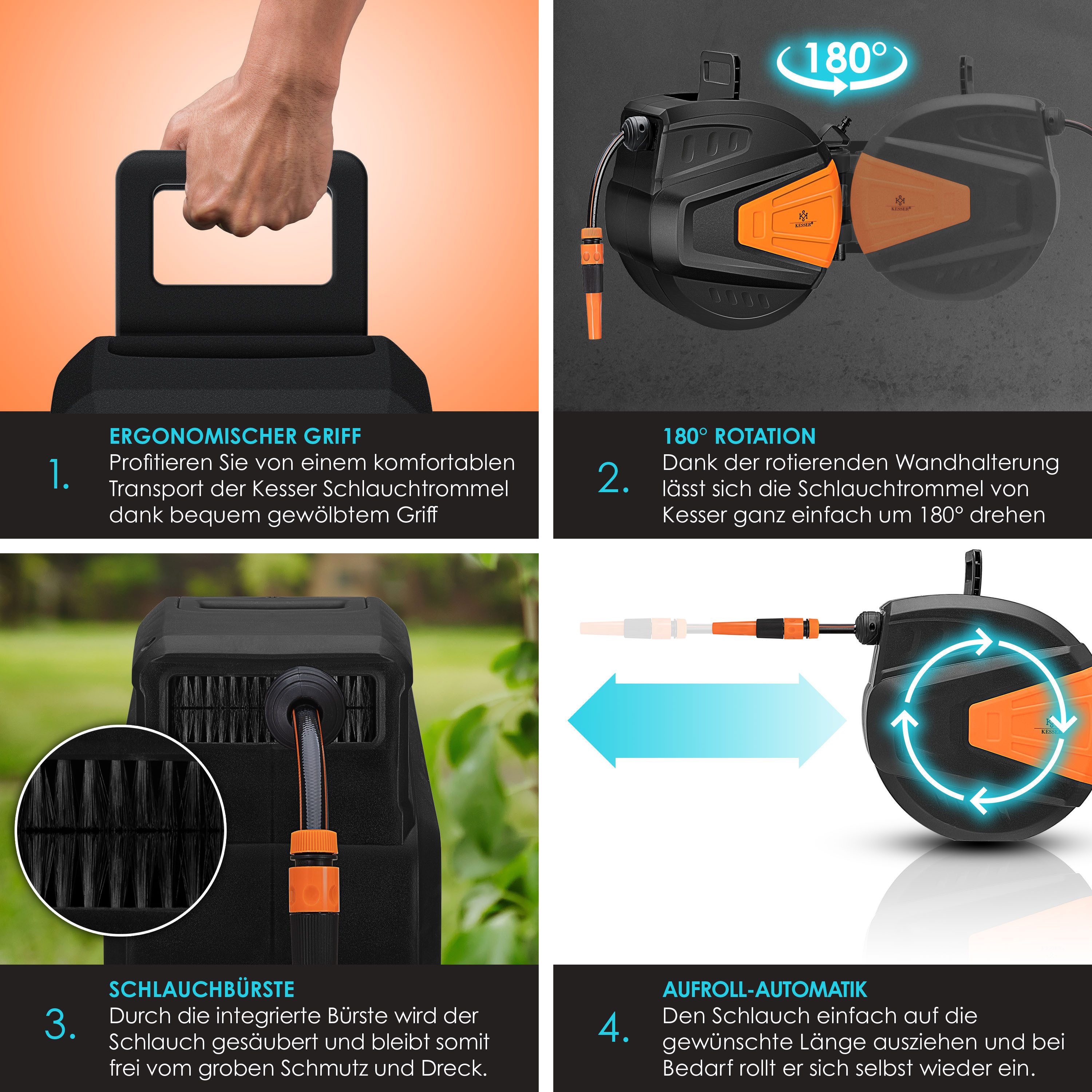 KESSER Gartenschlauch, Schlauchtrommel Wasser Schlauchaufroller + 2-Wege-Verteiler