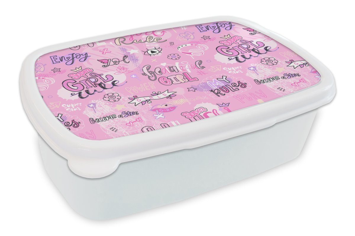 für Muster, - Kinder Mädchen Teenager Brotdose, und - - und Kunststoff, Erwachsene, Jungs für MuchoWow Lunchbox weiß Rosa (2-tlg), Mädchen Brotbox Zitate -