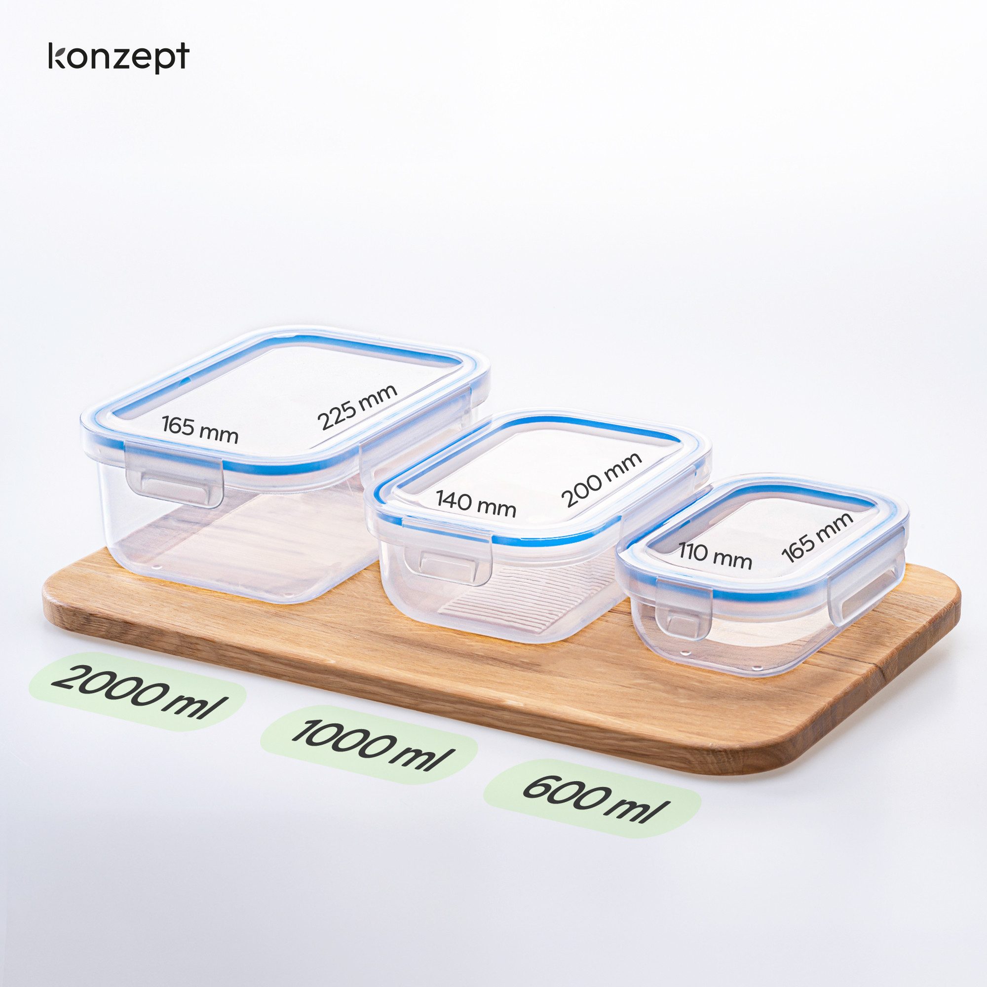 KONZEPT Frischhaltedose mit Deckel 3er Set 600ml/1L/2L,transparent, (3-tlg), BPA-frei, Stapelbar, Für Kühlschrank, Zum Mitnehmen – Bild 3 von 5
