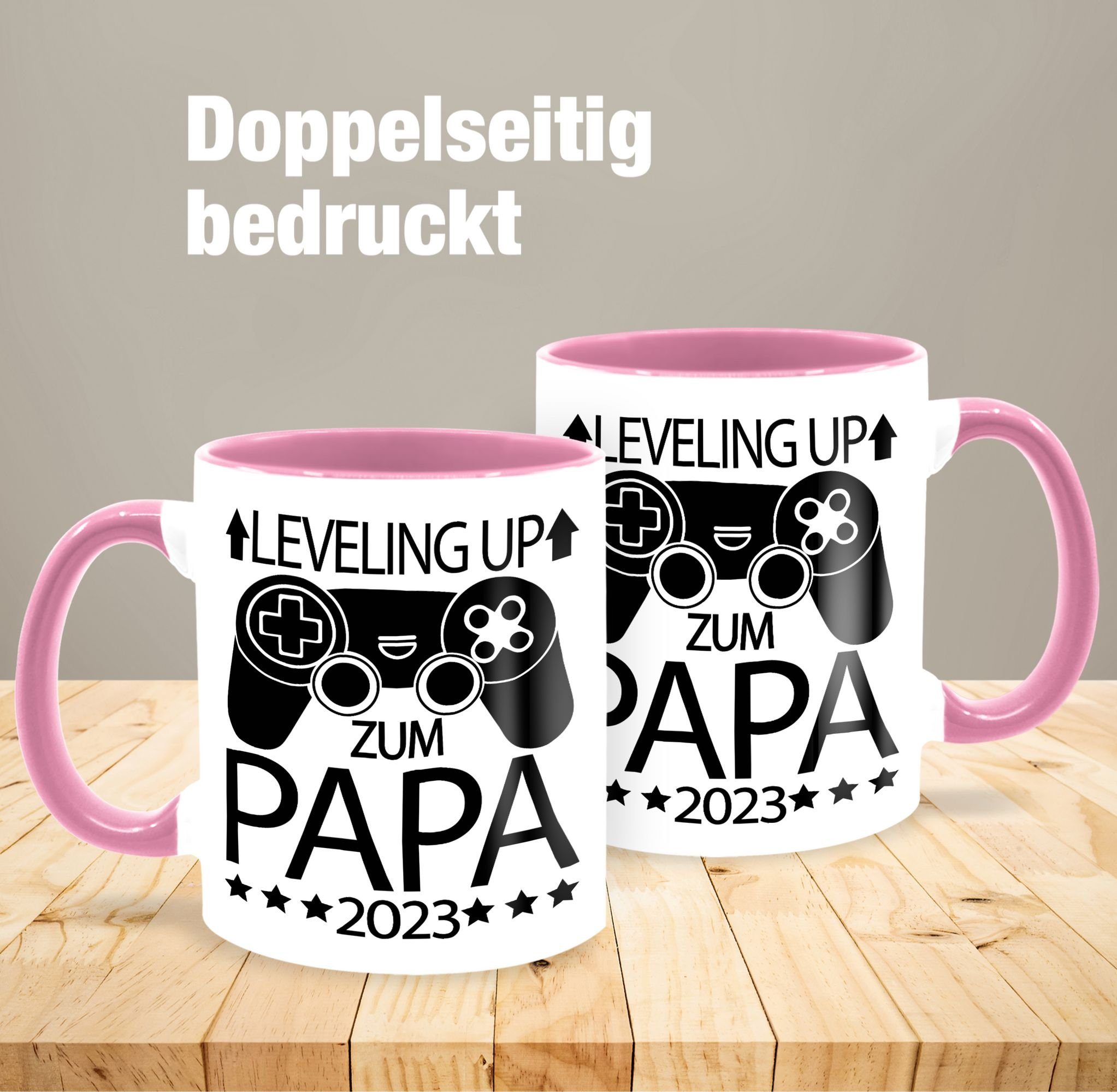 2 Shirtracer schwarz, Tasse Geschenk Rosa mit 2023 Papa - Keramik, Leveling zum up Controller Vatertag Kaffeetasse