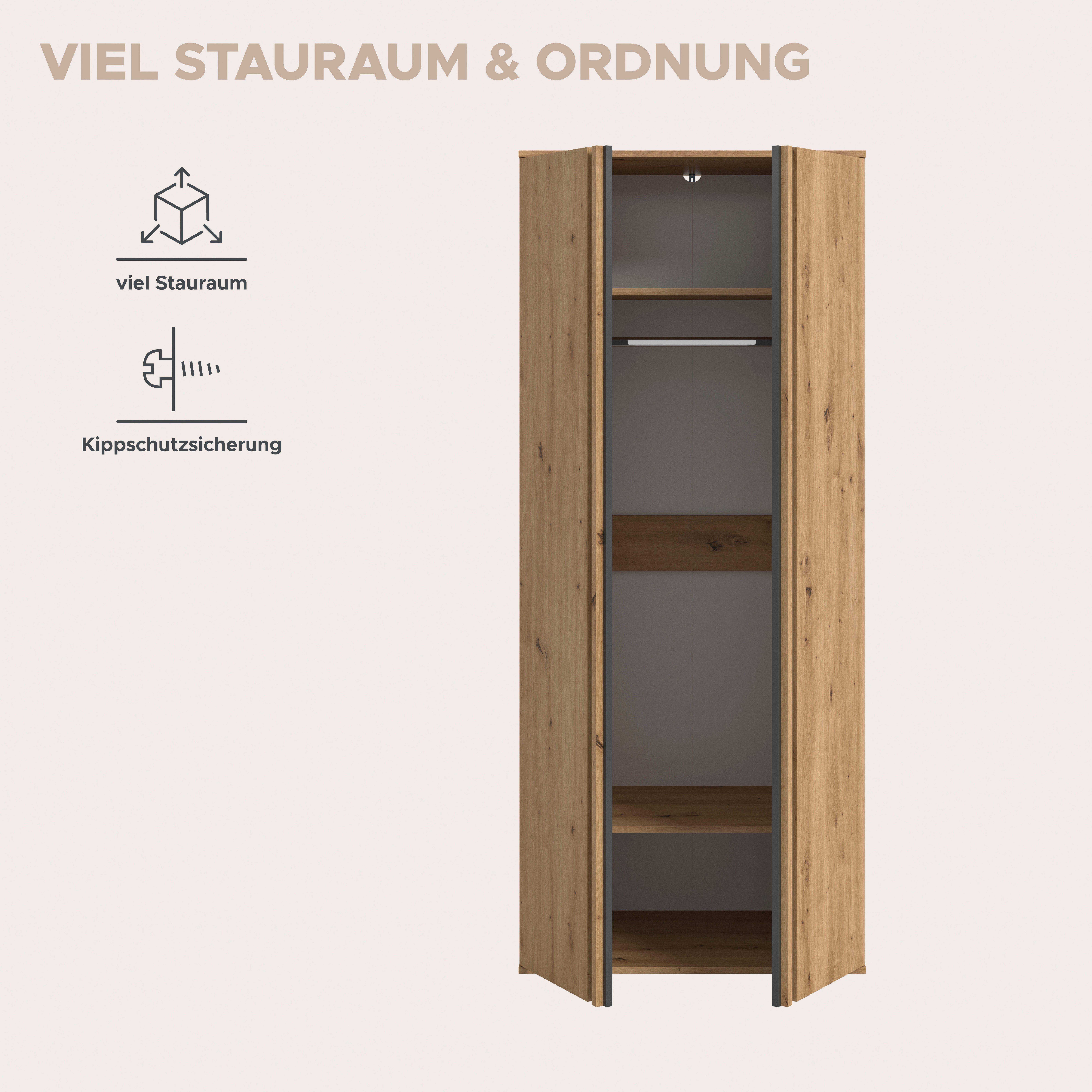 Home affaire Kleiderschrank ALVA, Breite 80 cm, mit griffloser Front in Paneeloptik, Schrank (Schlafzimmerschrank in weiteren Ausführungen erhältlich) 2 Türen, 1 Kleiderstange, 1 Einlegeboden
