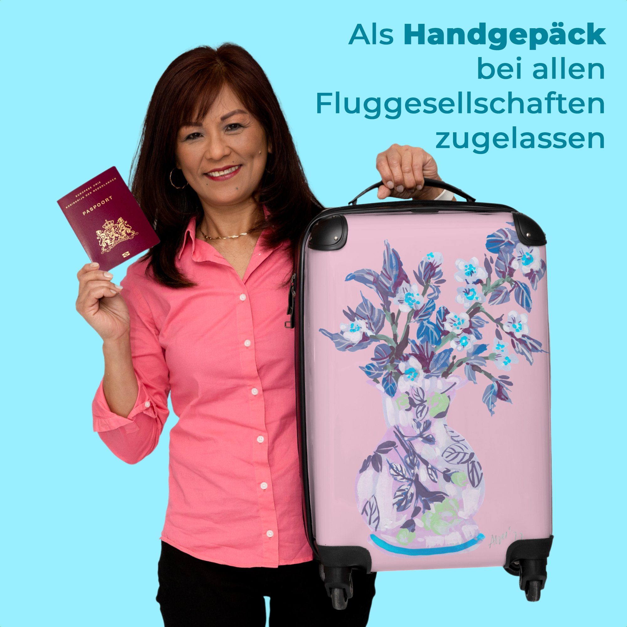 Kleine NoBoringSuitcases.com© Trolley Rollen Handgepäckkoffer 55x35x20cm Rosa - Vase Cabin - 4 mit 4 Blumen Rollen, Handgepäck - Rollkoffer Pflanzen, Reisekoffer -