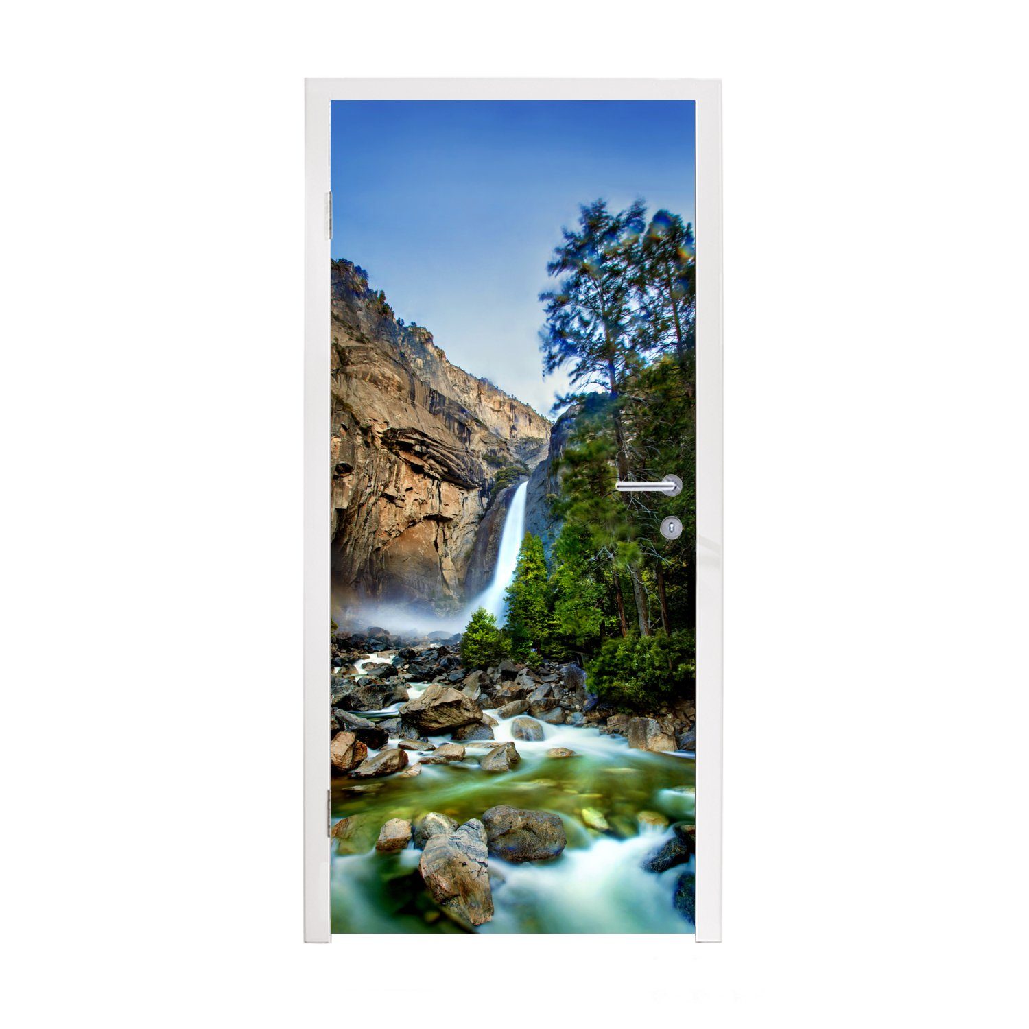 MuchoWow Türtapete Ein Wasserfall und ein grüner Fluss im Yosemite-Nationalpark, Matt, bedruckt, (1 St), Fototapete für Tür, Türaufkleber, 75x205 cm