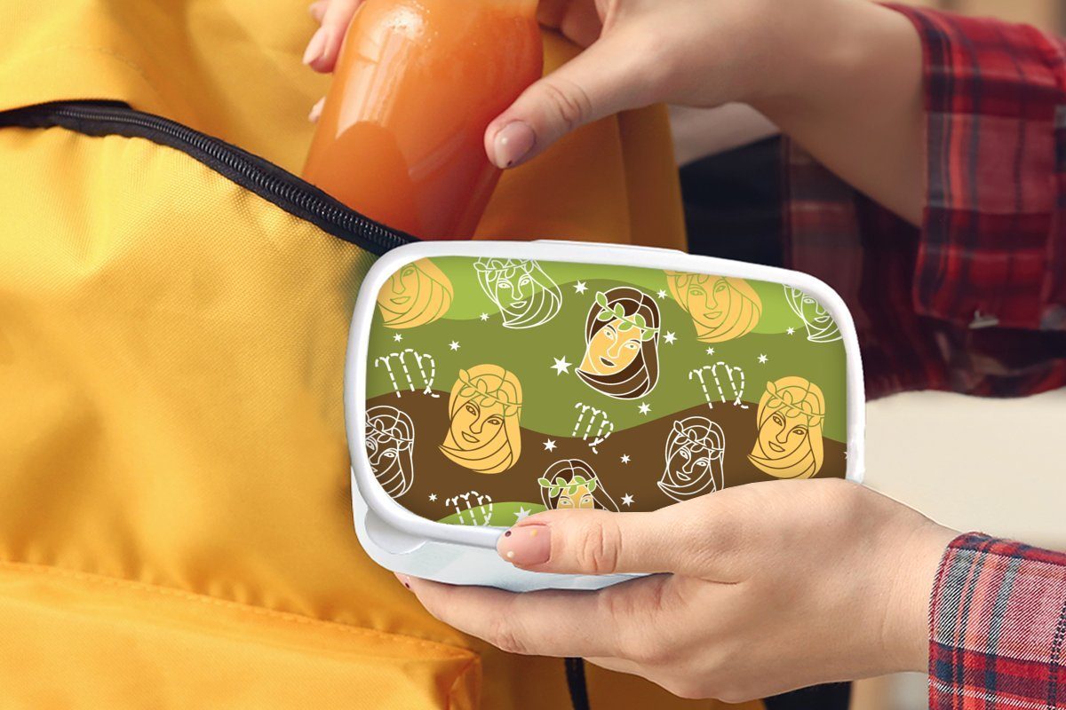 MuchoWow Lunchbox Jungfrau - Tierkreiszeichen Jungs Brotbox für weiß Erwachsene, Brotdose, für Muster, Kunststoff, Mädchen und (2-tlg), - Kinder und