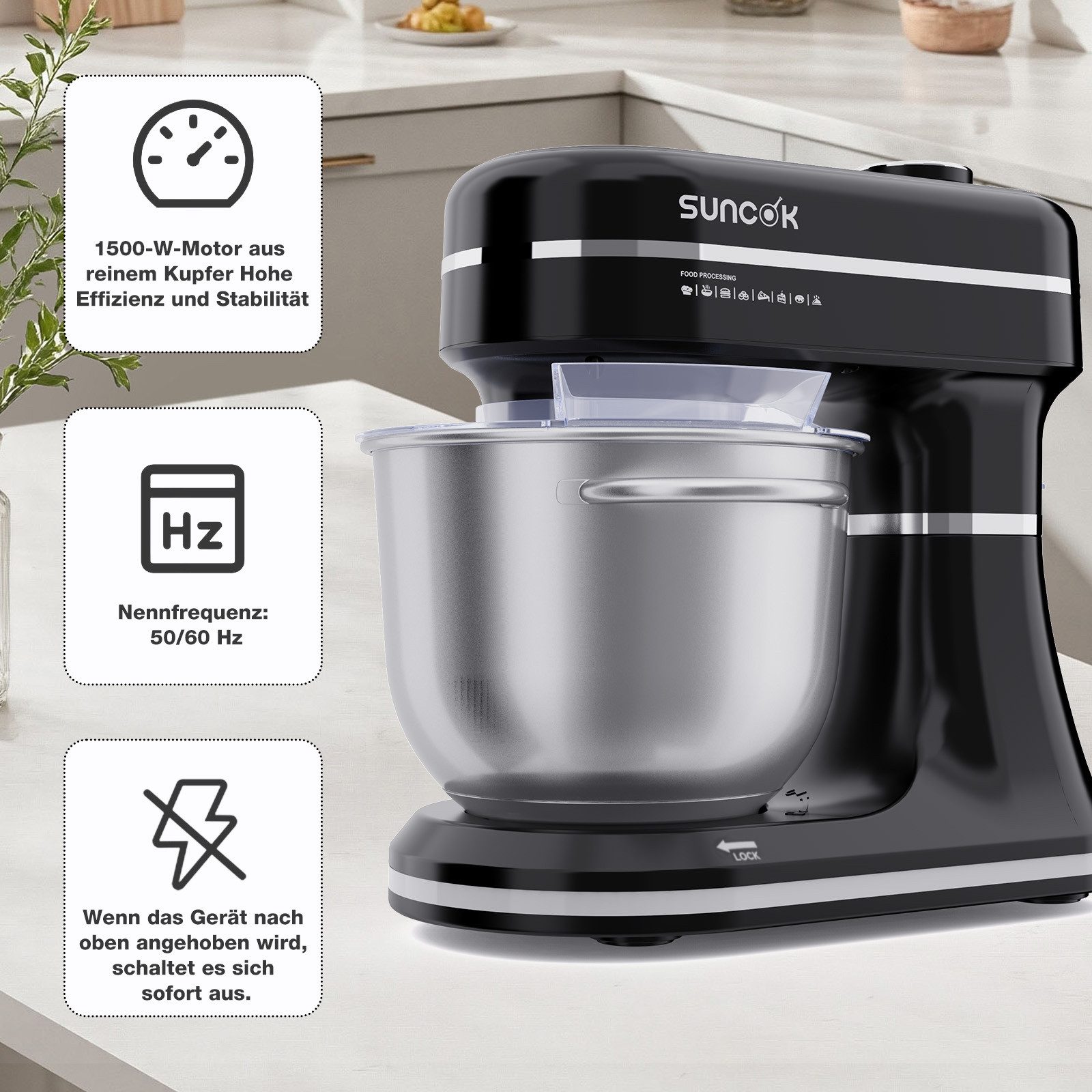 SUNCOK Küchenmaschine Multifunktionale Knetmaschine, 12-Geschwindigkeit, 59 Dezibel. geeignet zum Backen und Kneten von Teig, 1500 W, Elektrische Küchenmaschine,mit 2 Edelstahl-Rührschüsseln 4,5 und 5,5l