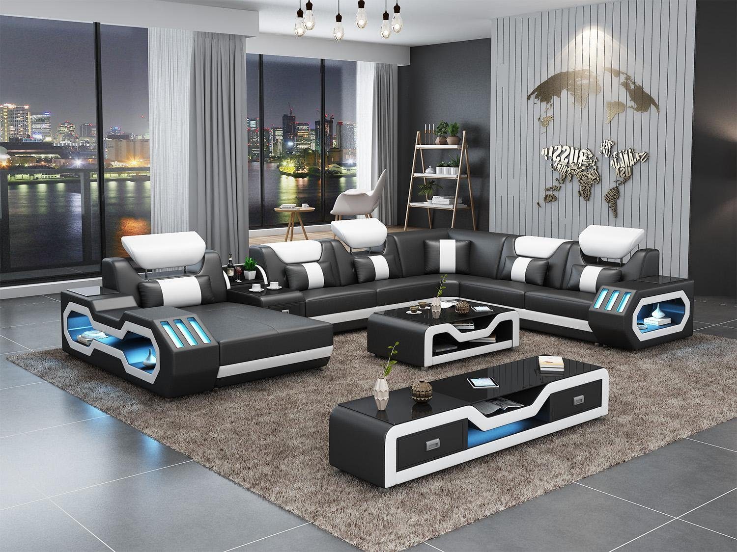 JVmoebel Wohnlandschaft Modulares U-Sofa in Weiß-Grau mit Couchtisch und Sideboard, Made in Europa
