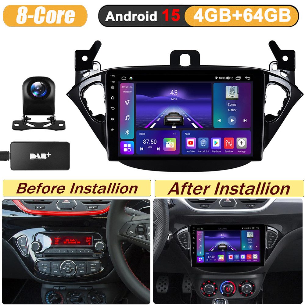 A-Sure Für Opel Corsa E 2015-2019 8-Core Apple Carplay GPS Navi FM/AM BT 5.0 Autoradio (RDS, Digitalradio (DAB), FM, AM, 1280*800 IPS Screen/8-Core CPU)