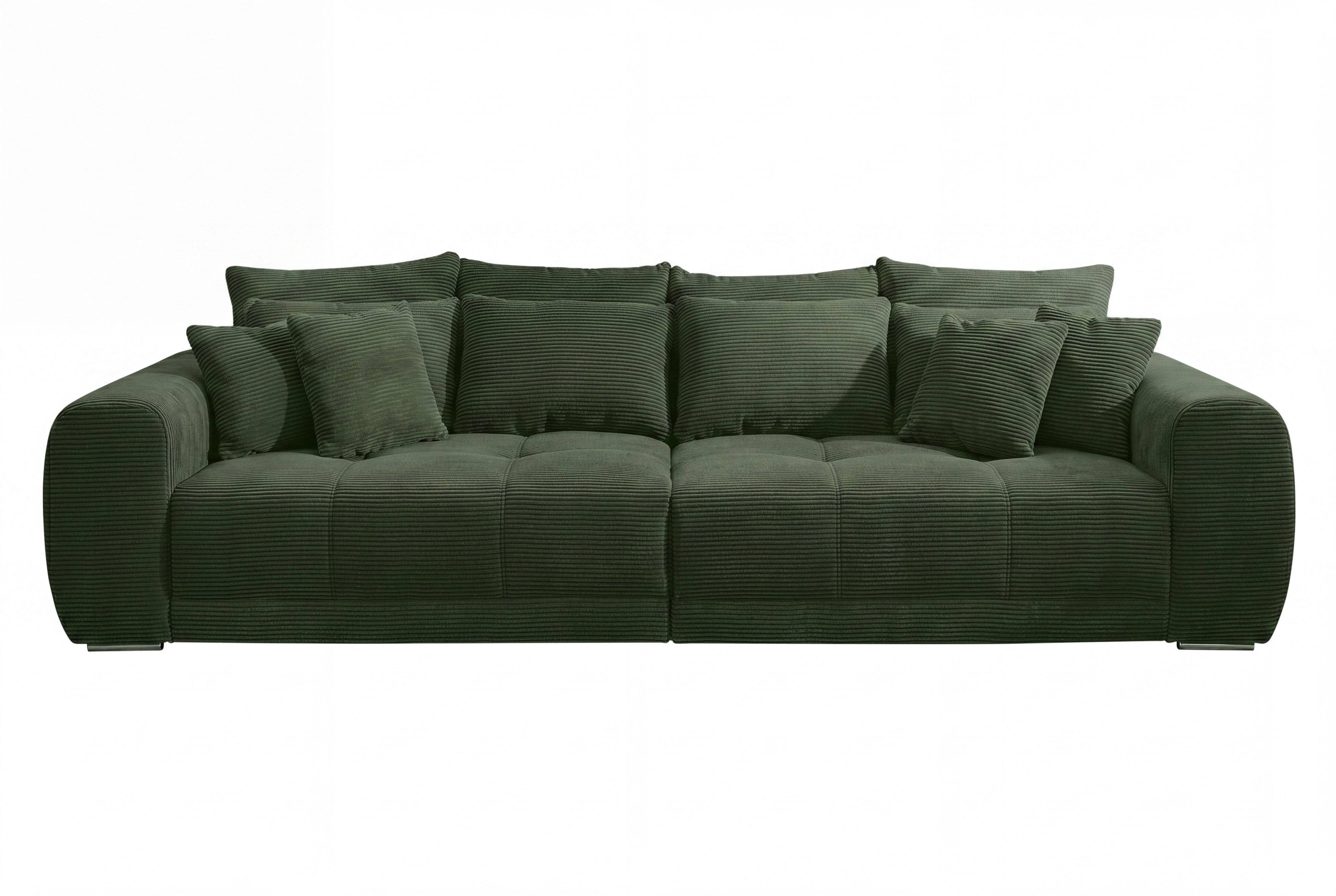 luma-home Big-Sofa 15172, XXL-Couch B306/T134/H86 cm, Liegefläche 120x240 cm mit Federkernpolsterung, viele Kissen, markante Steppungen, Cordstoff Grün