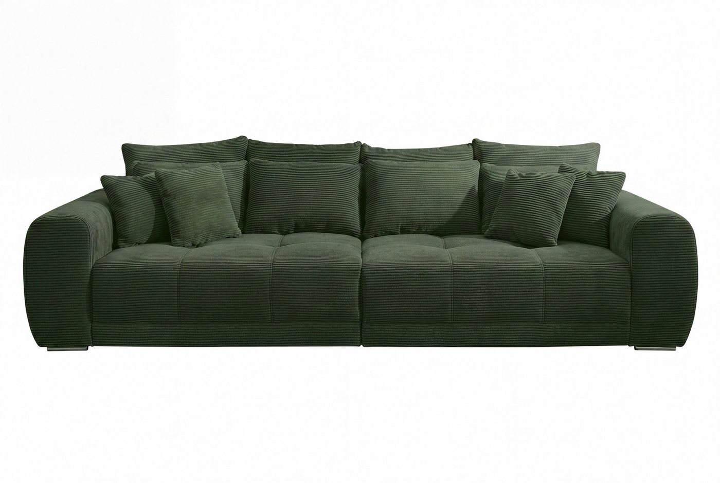 luma-home Big-Sofa 15172, XXL-Couch B306/T134/H86 cm, Liegefläche 120x240 cm mit Federkernpolsterung, viele Kissen, markante Steppungen, Cordstoff Grün