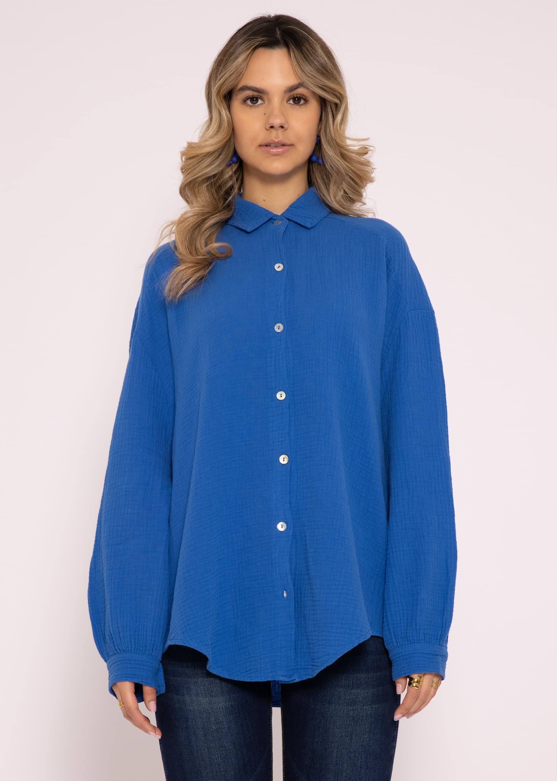 SASSYCLASSY Longbluse Oversize Musselin Bluse Damen Langarm Hemdbluse lang aus Baumwolle mit V-Ausschnitt, One Size (Gr. 36-48) Royalblau